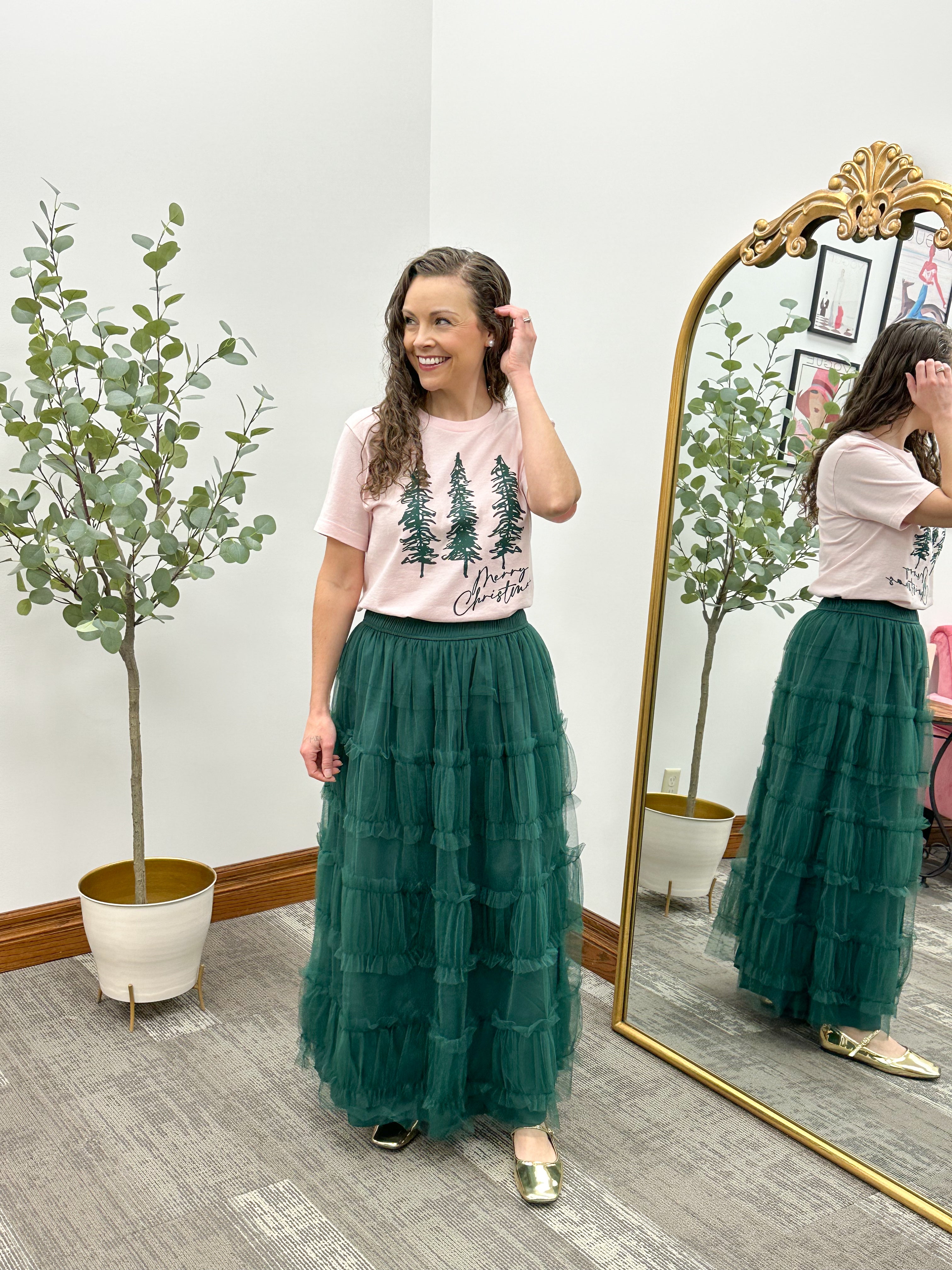 Green Tiered Mesh A-Line Maxi Skirt