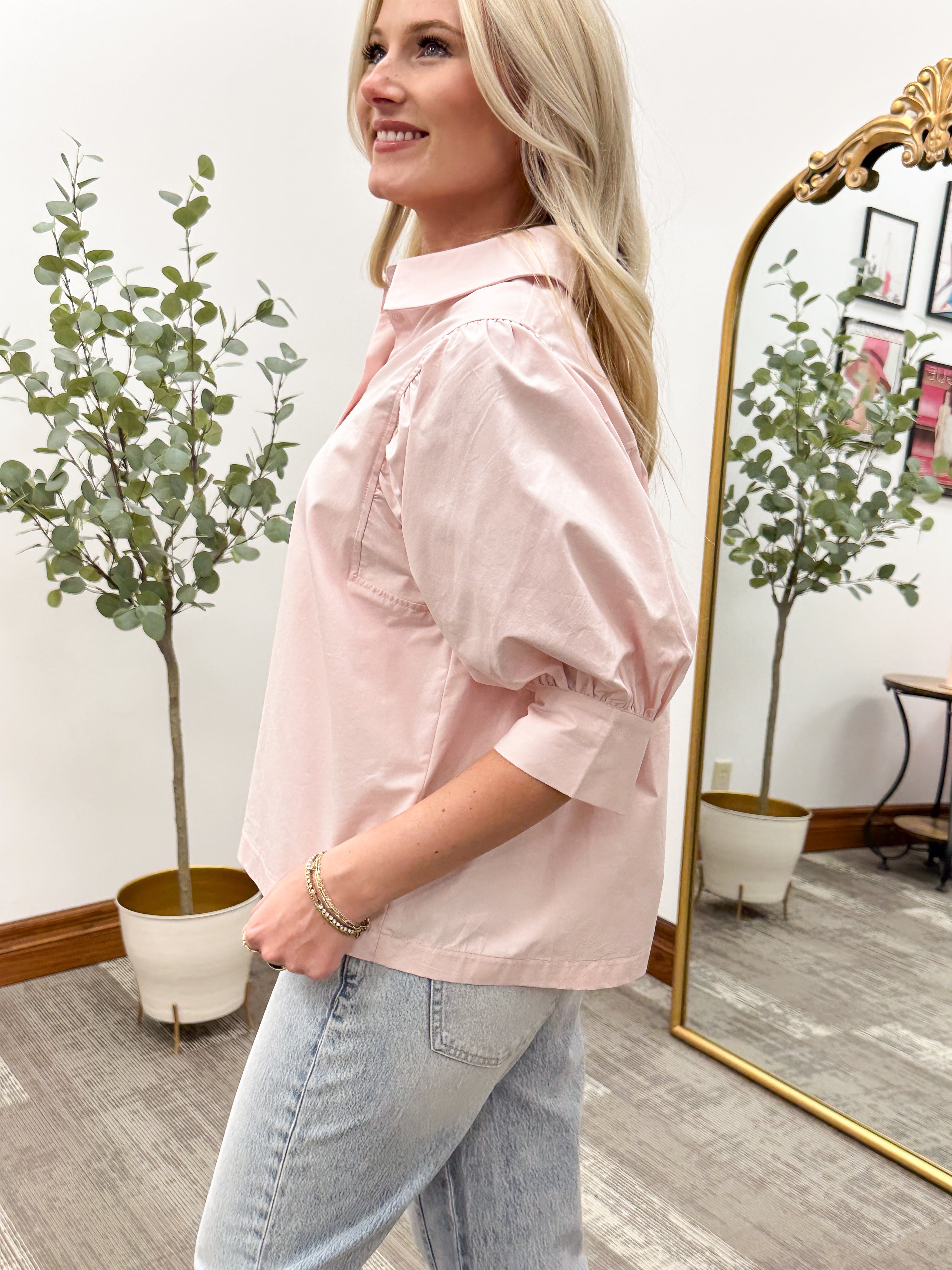 Blush Puff Sleeve Button Blouse