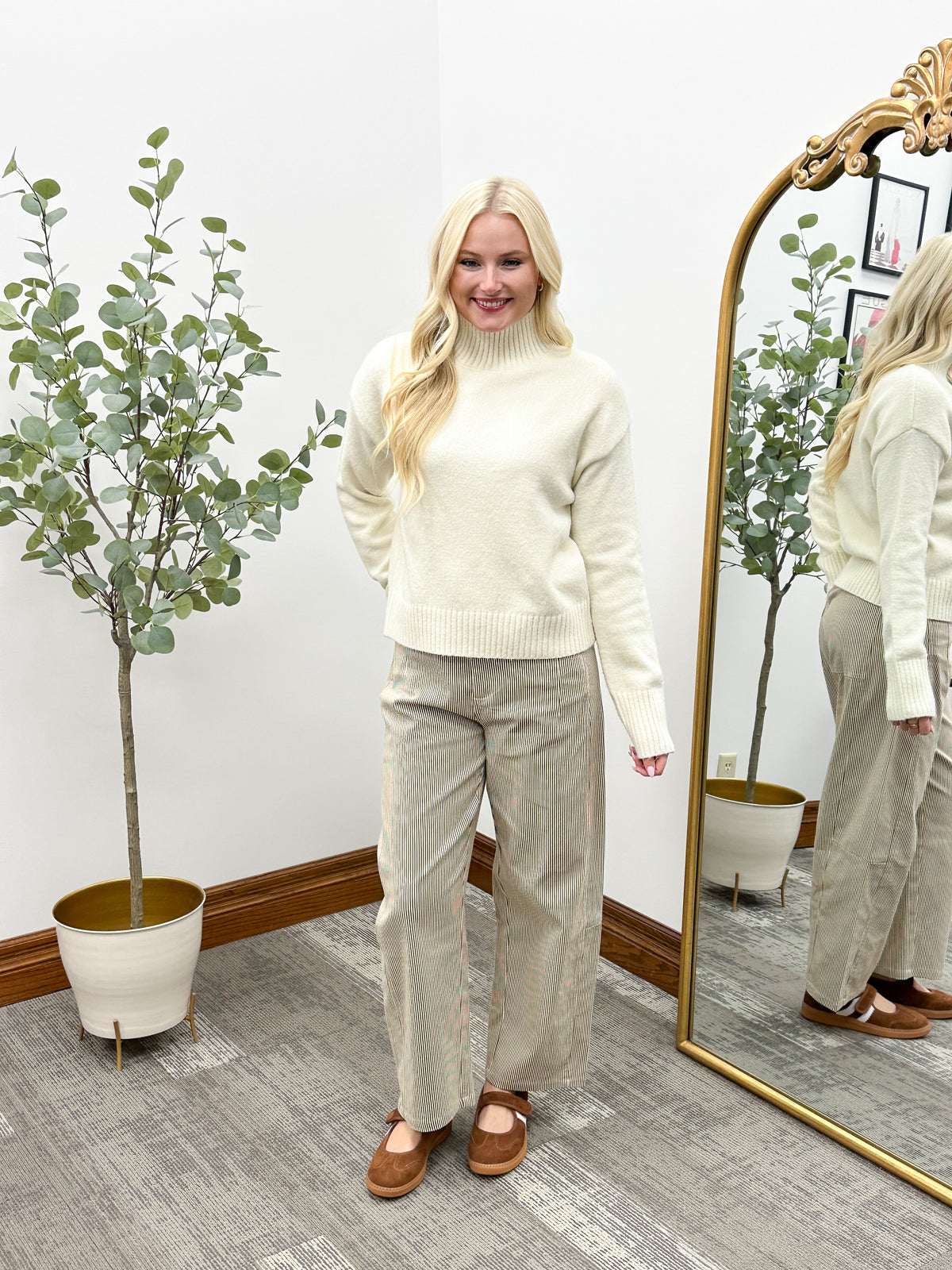 Brown & Cream Striped Barrel Pants