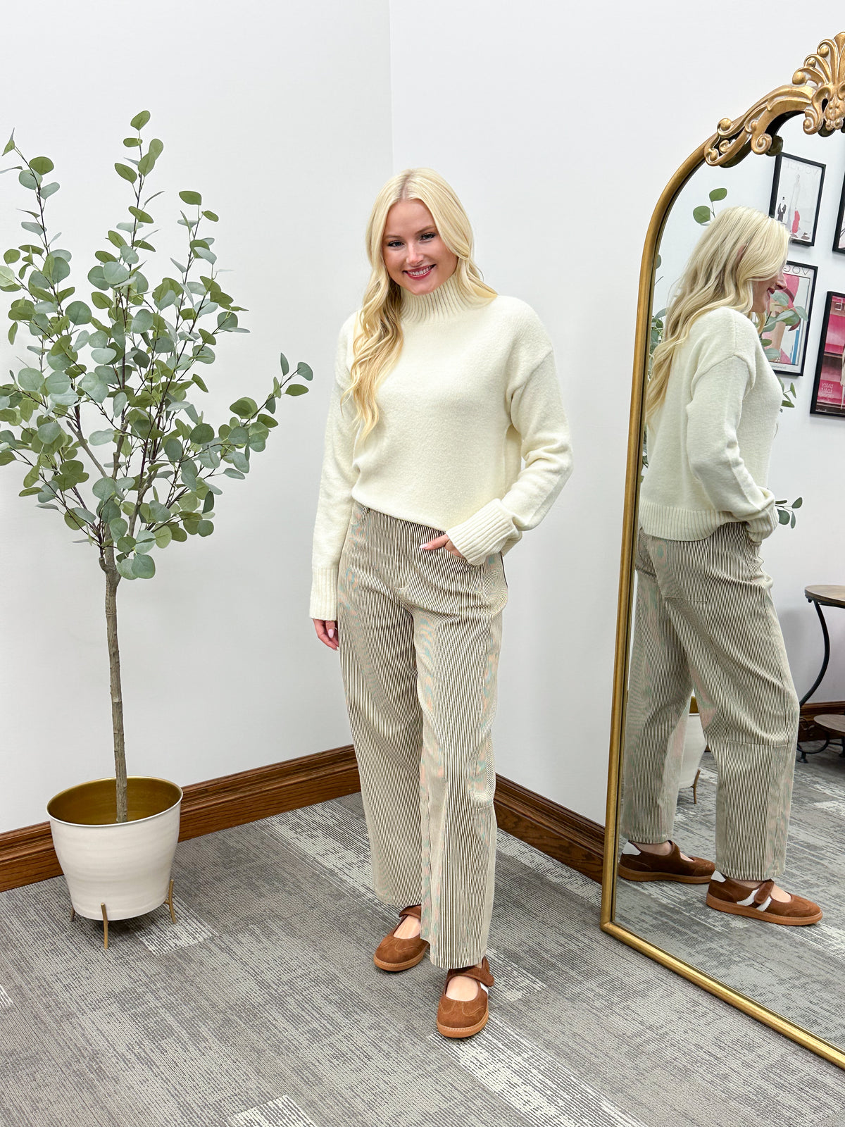 Brown & Cream Striped Barrel Pants