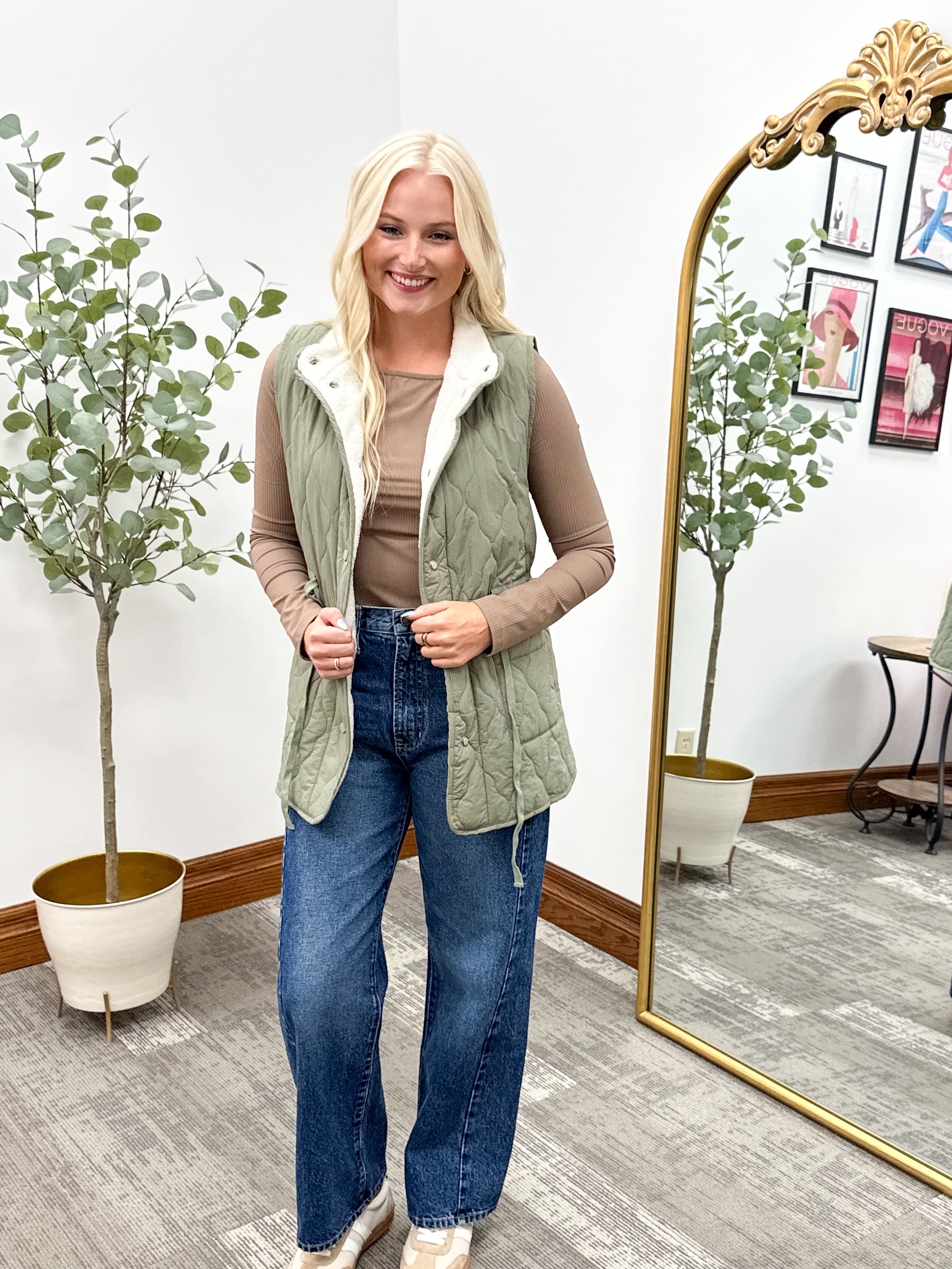 Olive Sherpa Lined Quilted Vest