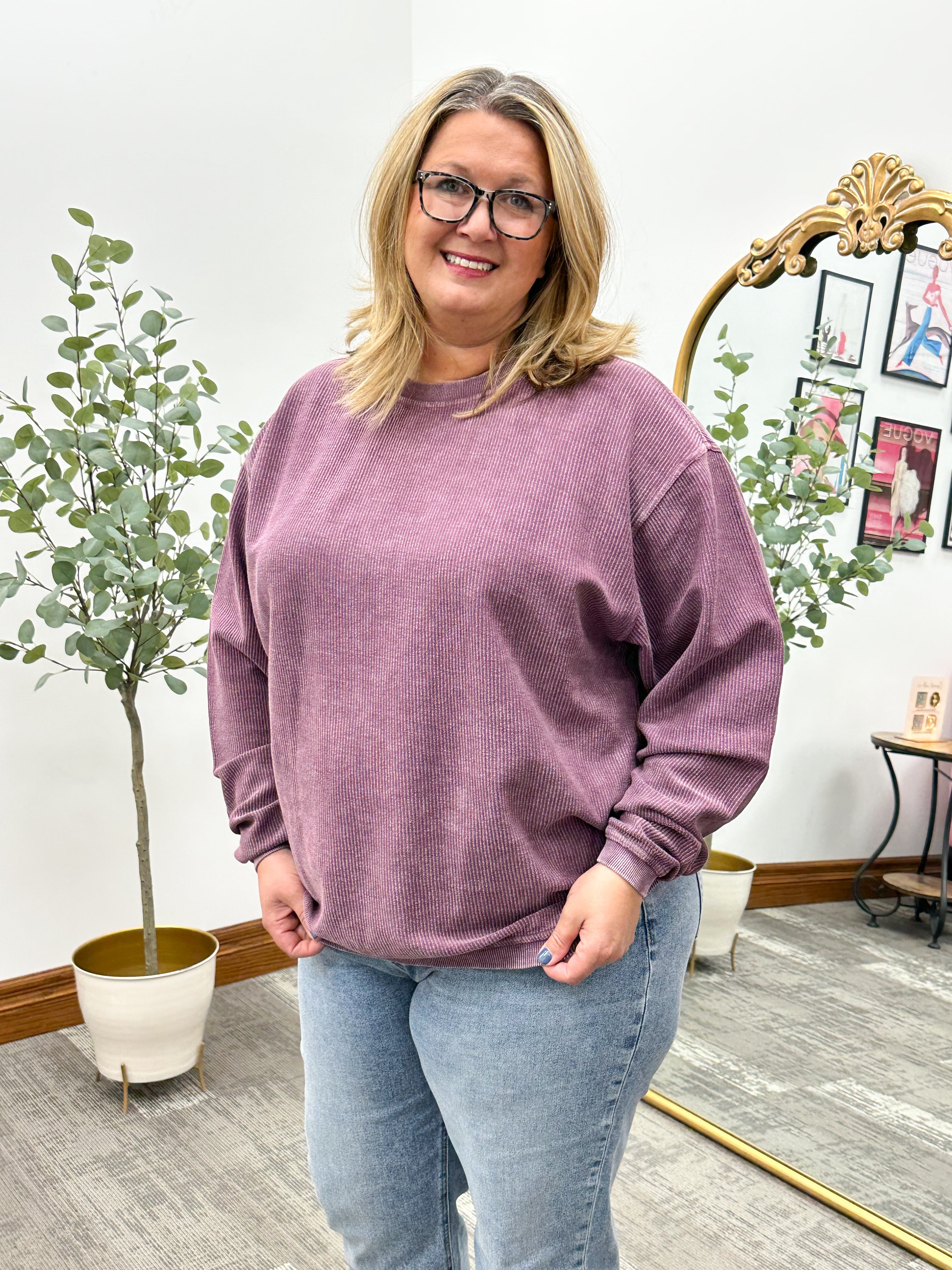 Plum Corded Crewneck Pullover Sweatshirt