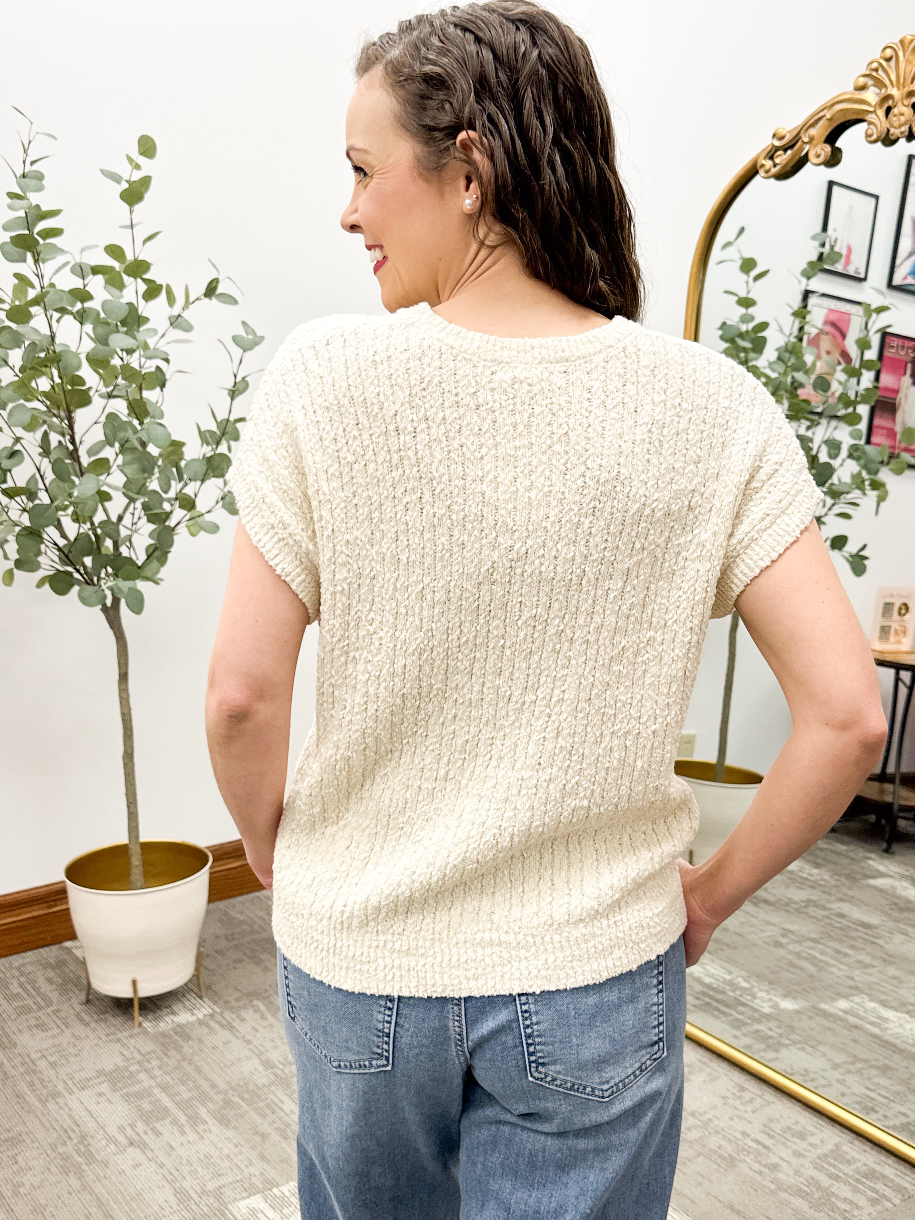 Short Sleeve Button Sweater