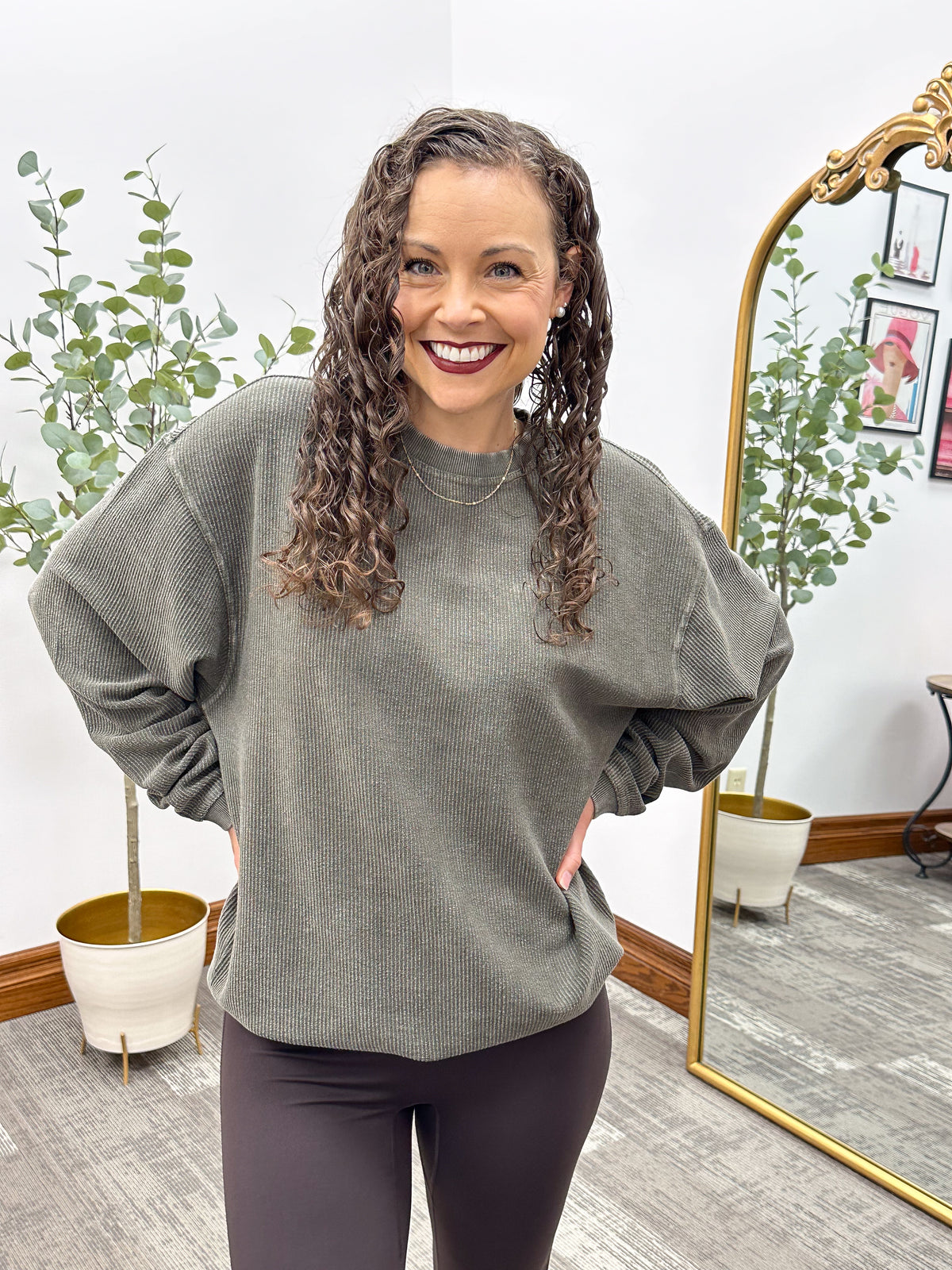 Green corded crewneck sweatshirt