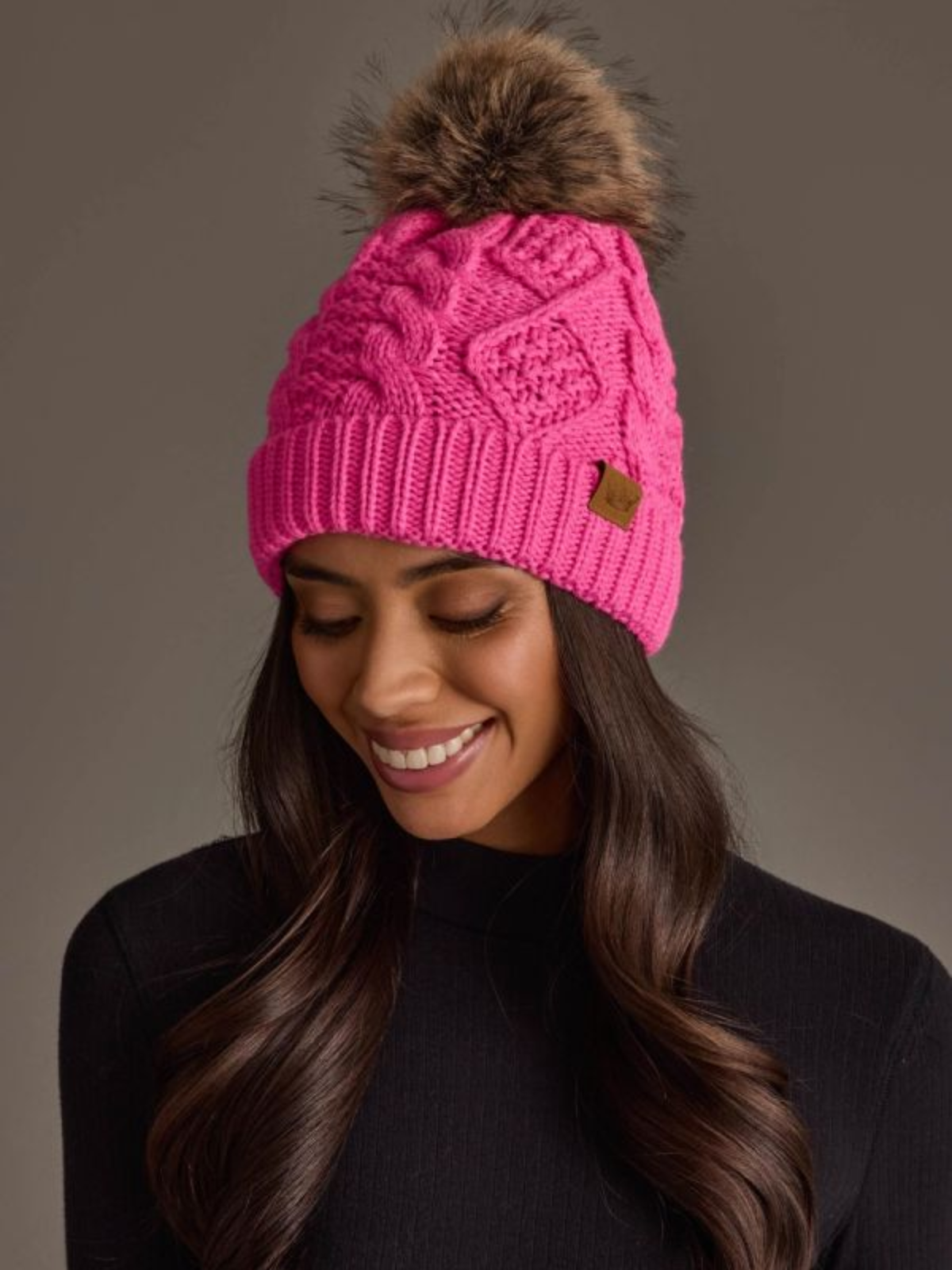 Bright Pink Cable Knit Pom Hat