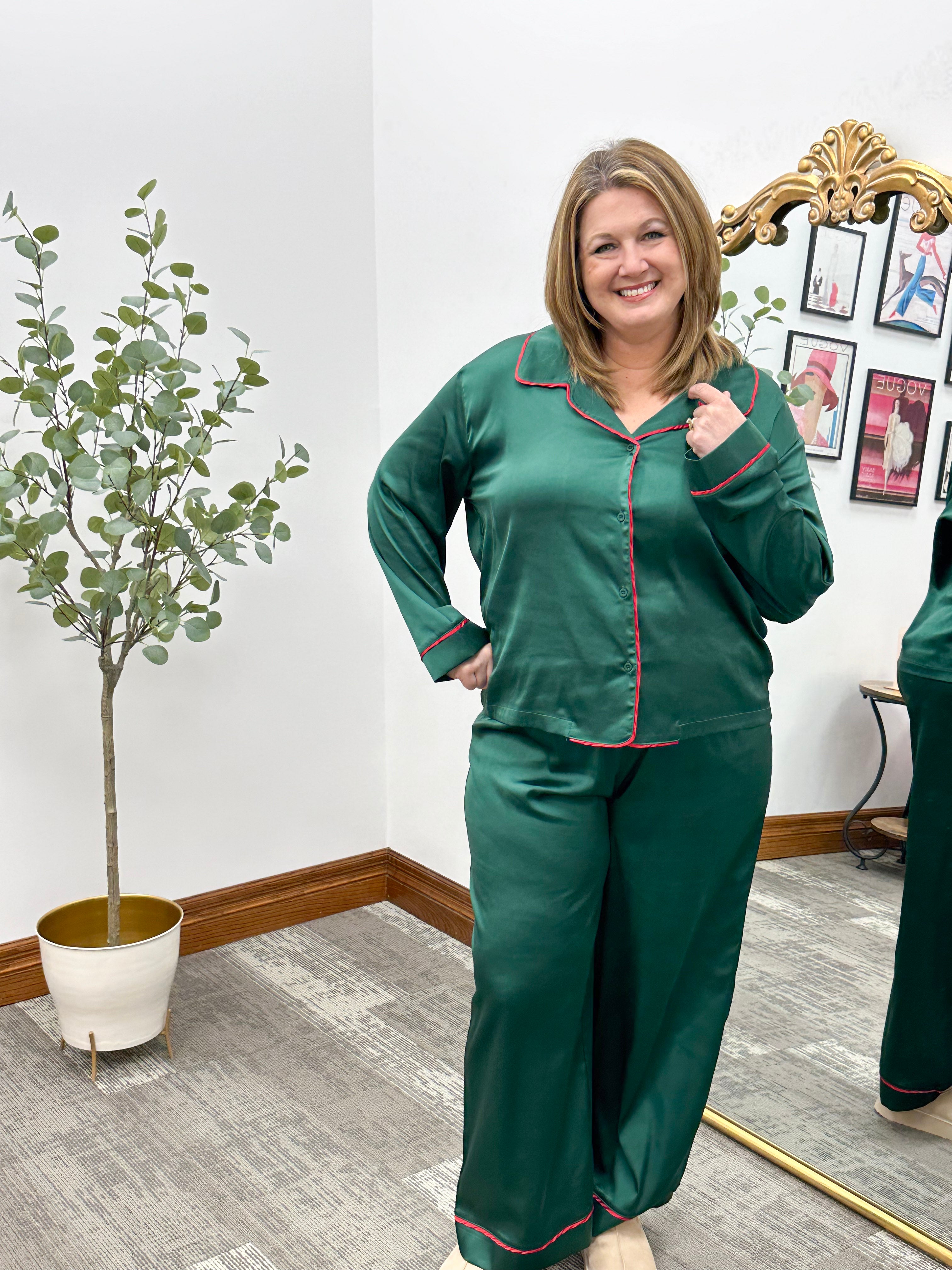 Green + Red Satin Christmas Pajamas