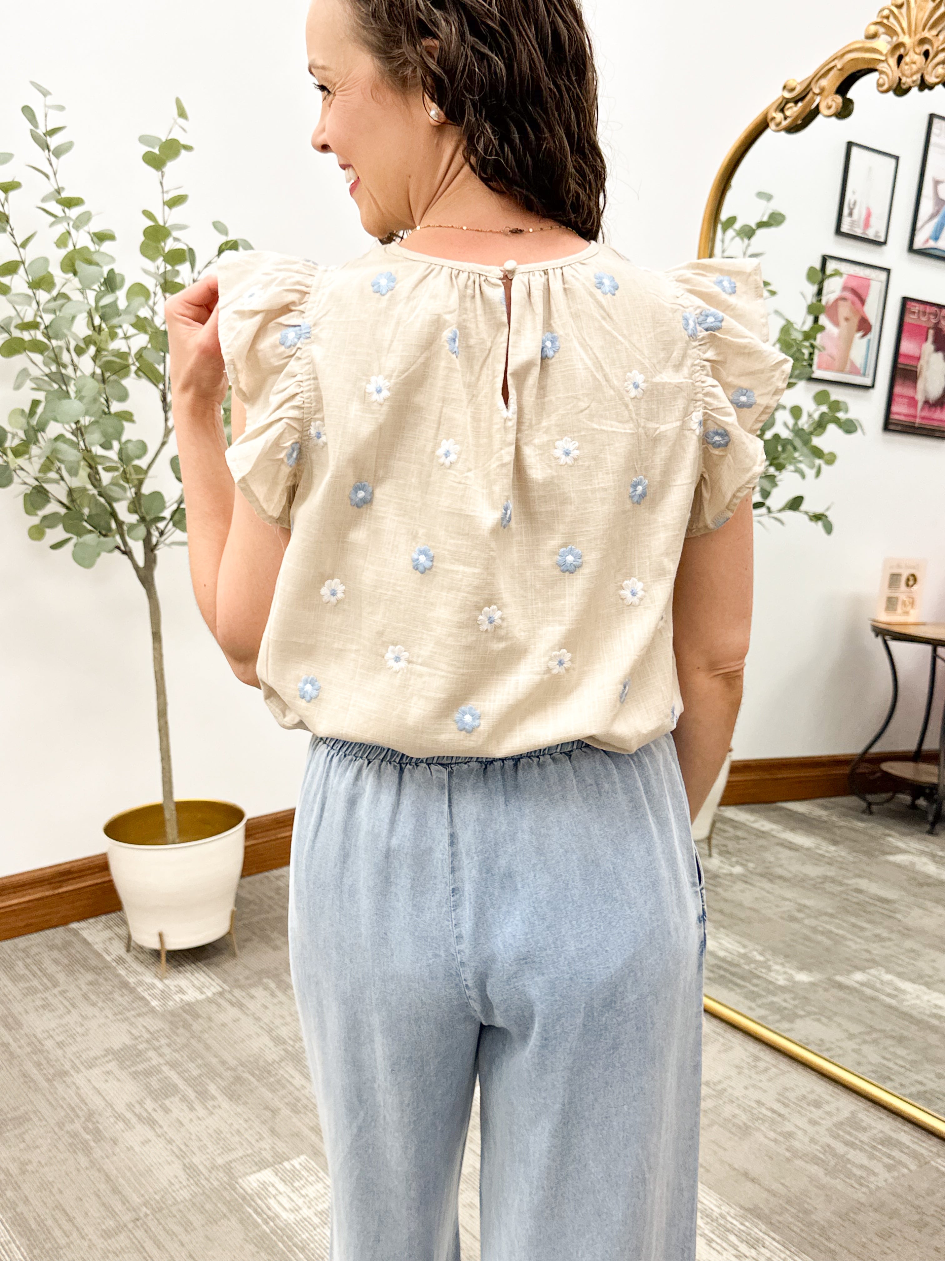 Blue Floral Embroidered Ruffle Sleeve Top