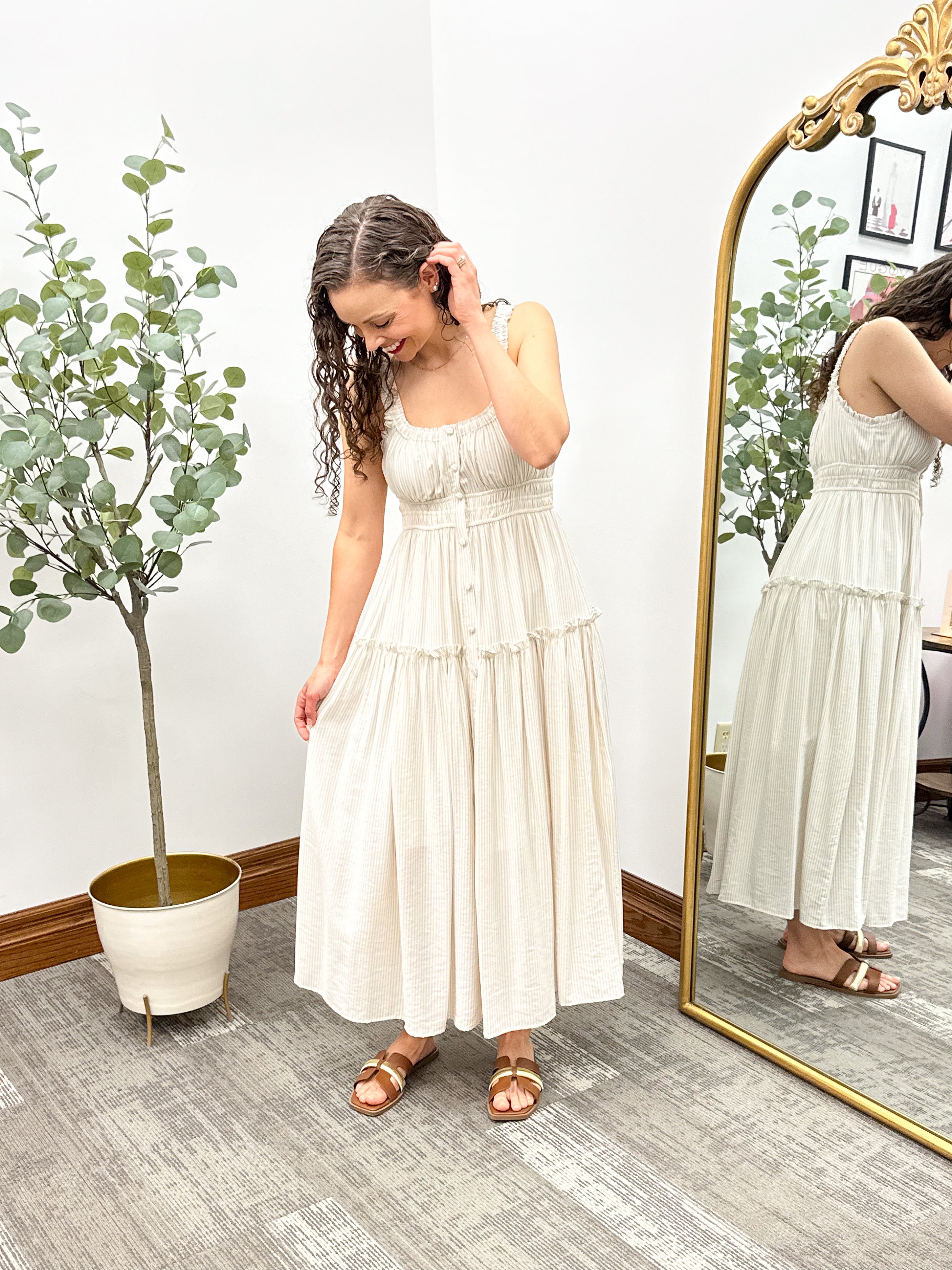 Neutral striped midi sun dress, cute summer sundress, family pictures dress, senior pictures dress