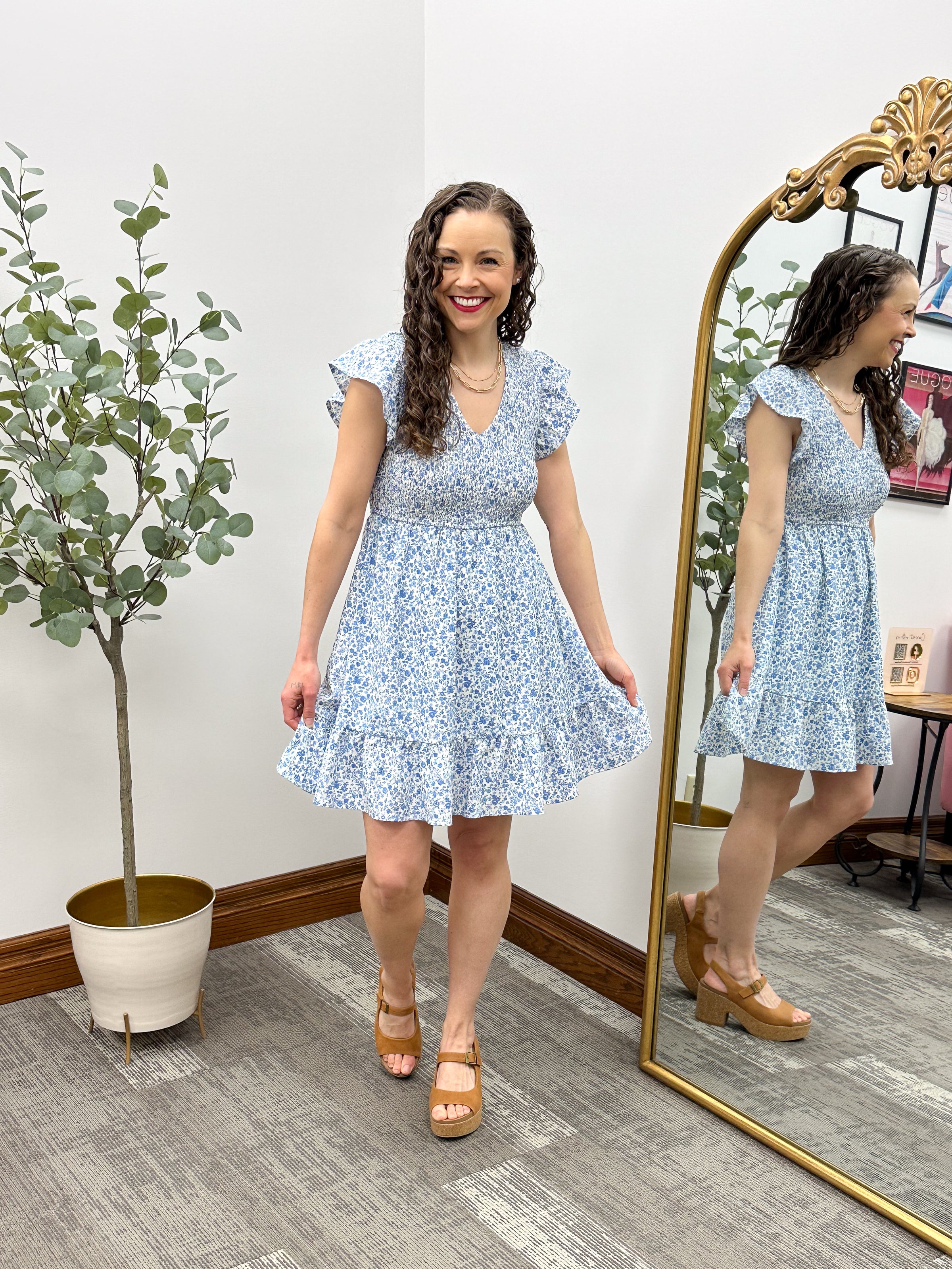 Blue Floral Print Mini Dress