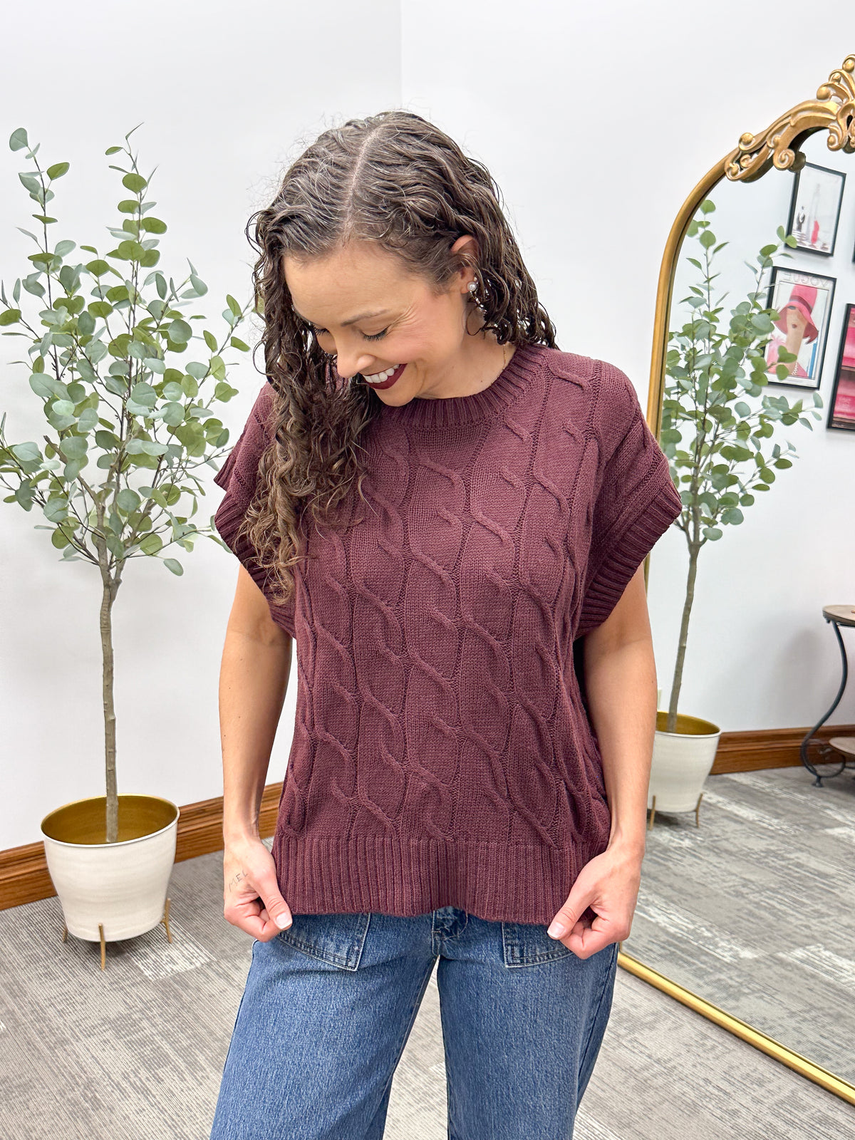 Maroon Cable Knit Short Sleeve Sweater