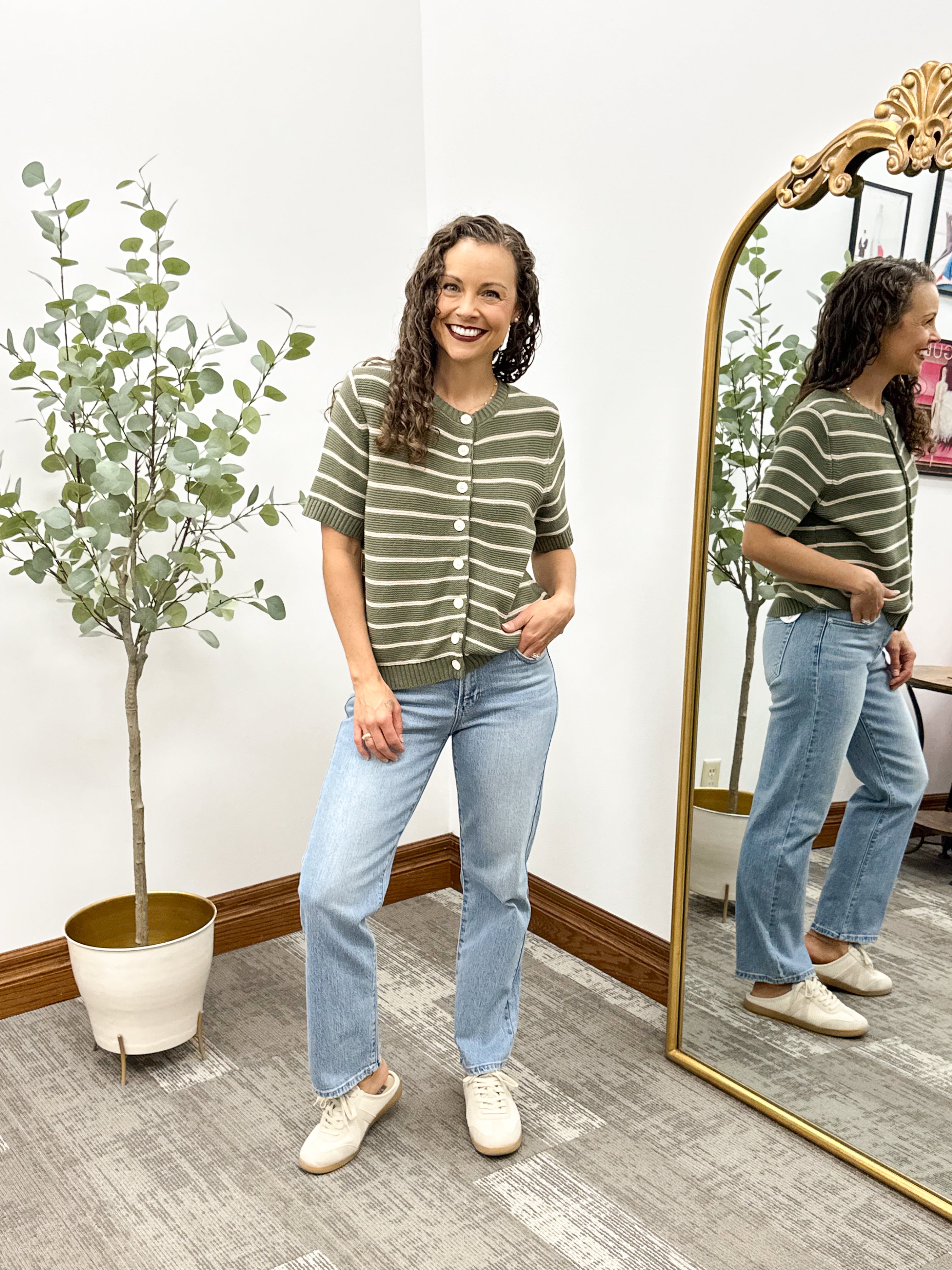 Olive & Beige Striped Short Sleeve Cardigan