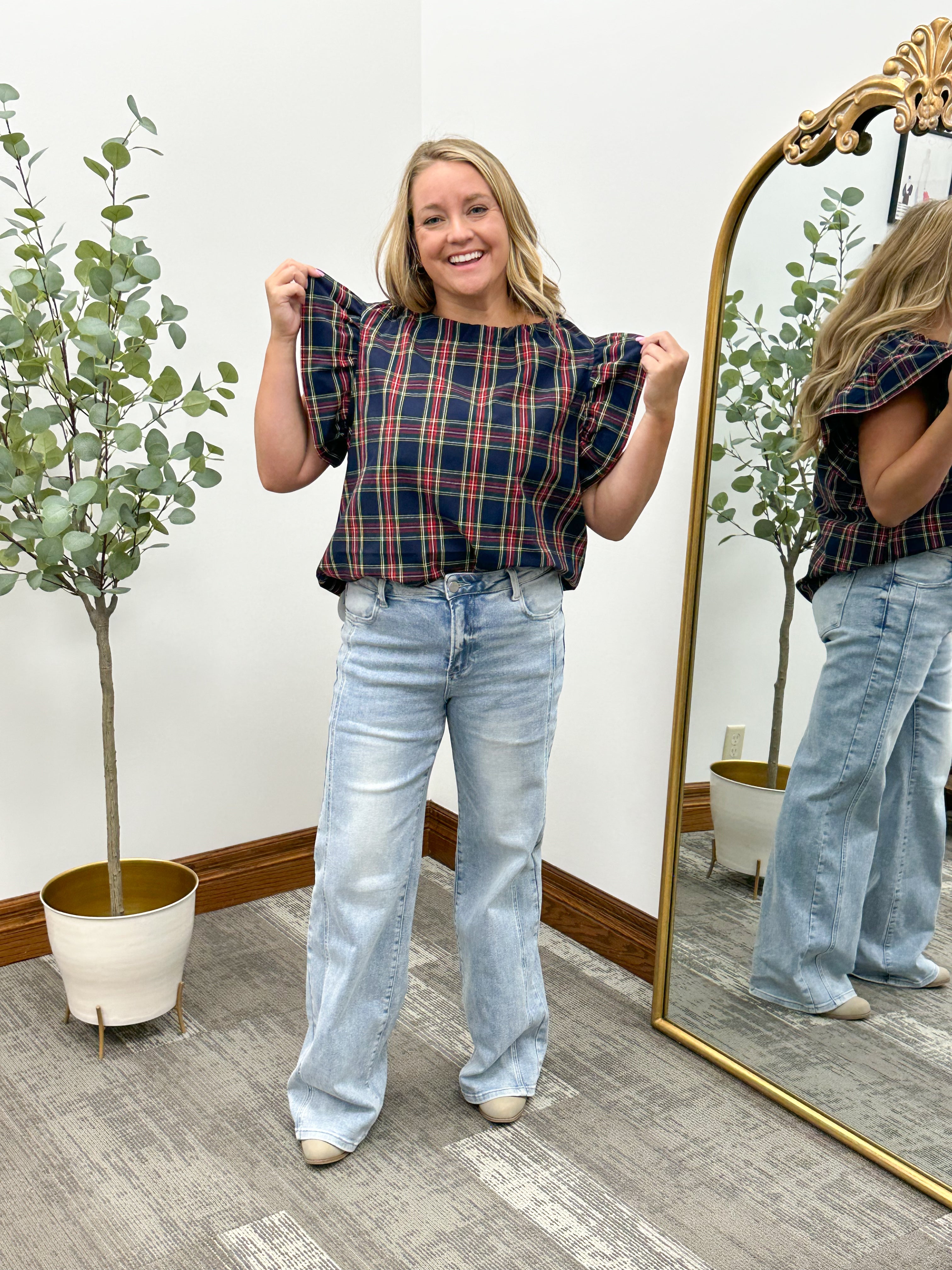 Navy Plaid Ruffle Sleeve Top