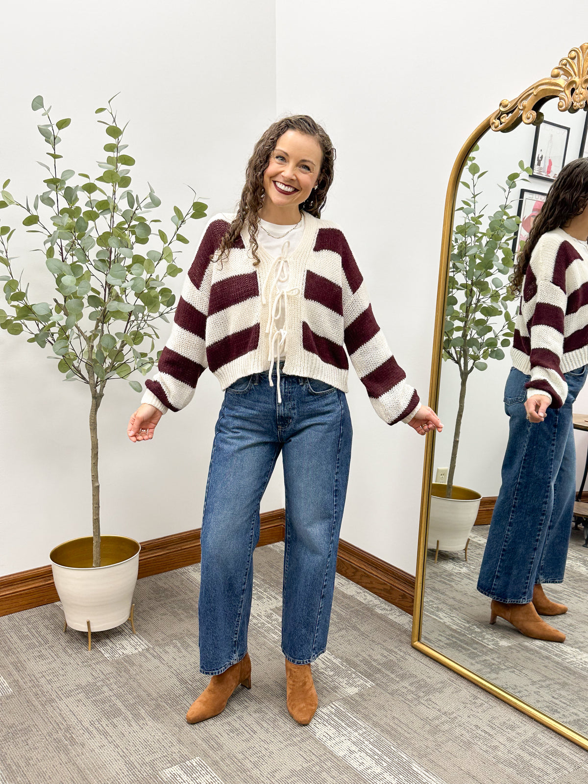 Maroon & Cream Striped Tie Front Cardigan