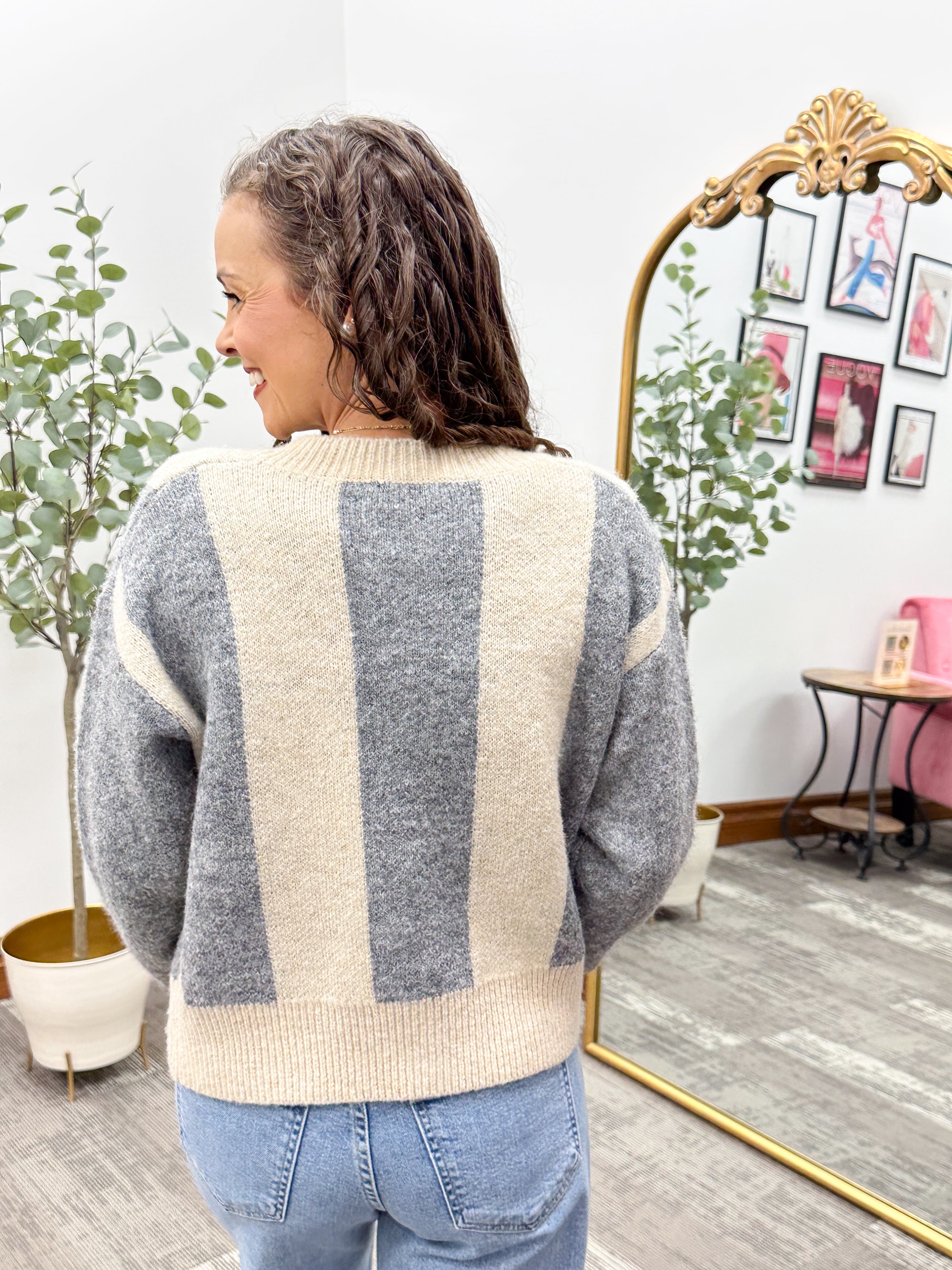 Beige & Gray Vertical Striped Cardigan