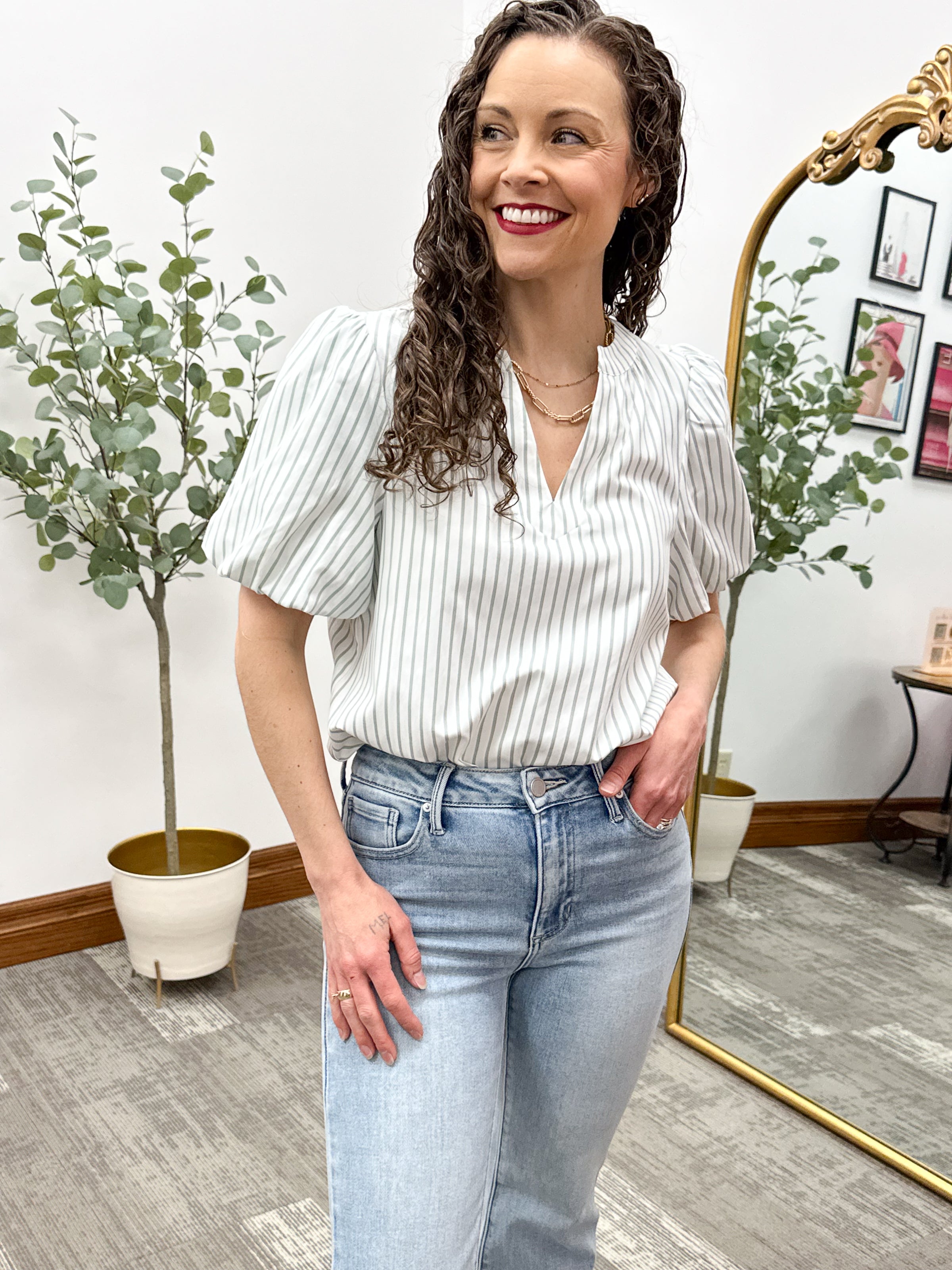 Sage and white striped puff sleeve blouse, spring in summer blouse, cute blouse for work