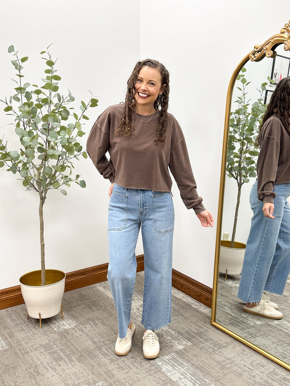 Washed Brown Cropped Sweatshirt