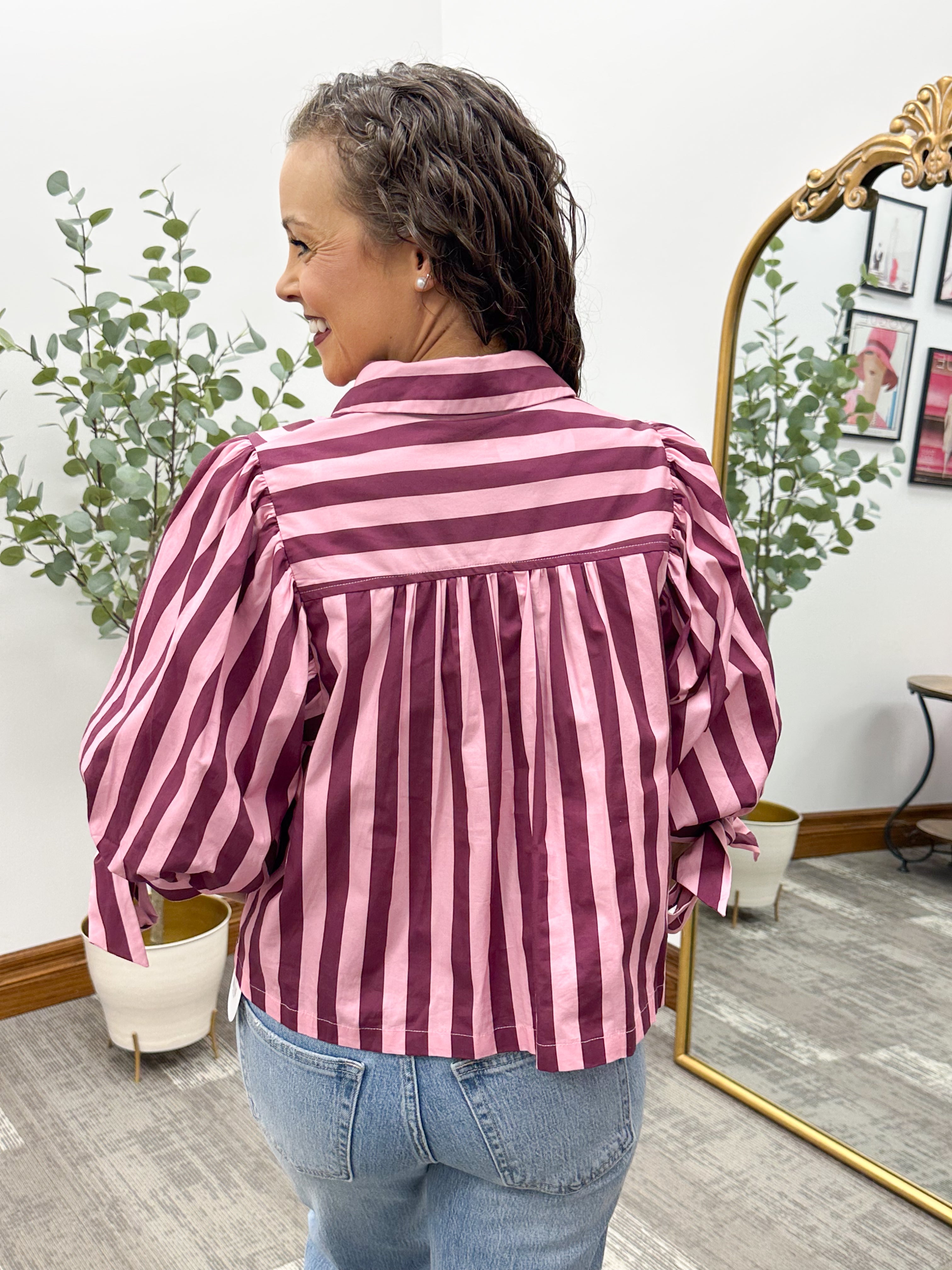 Tie Sleeve Striped Button Up Blouse