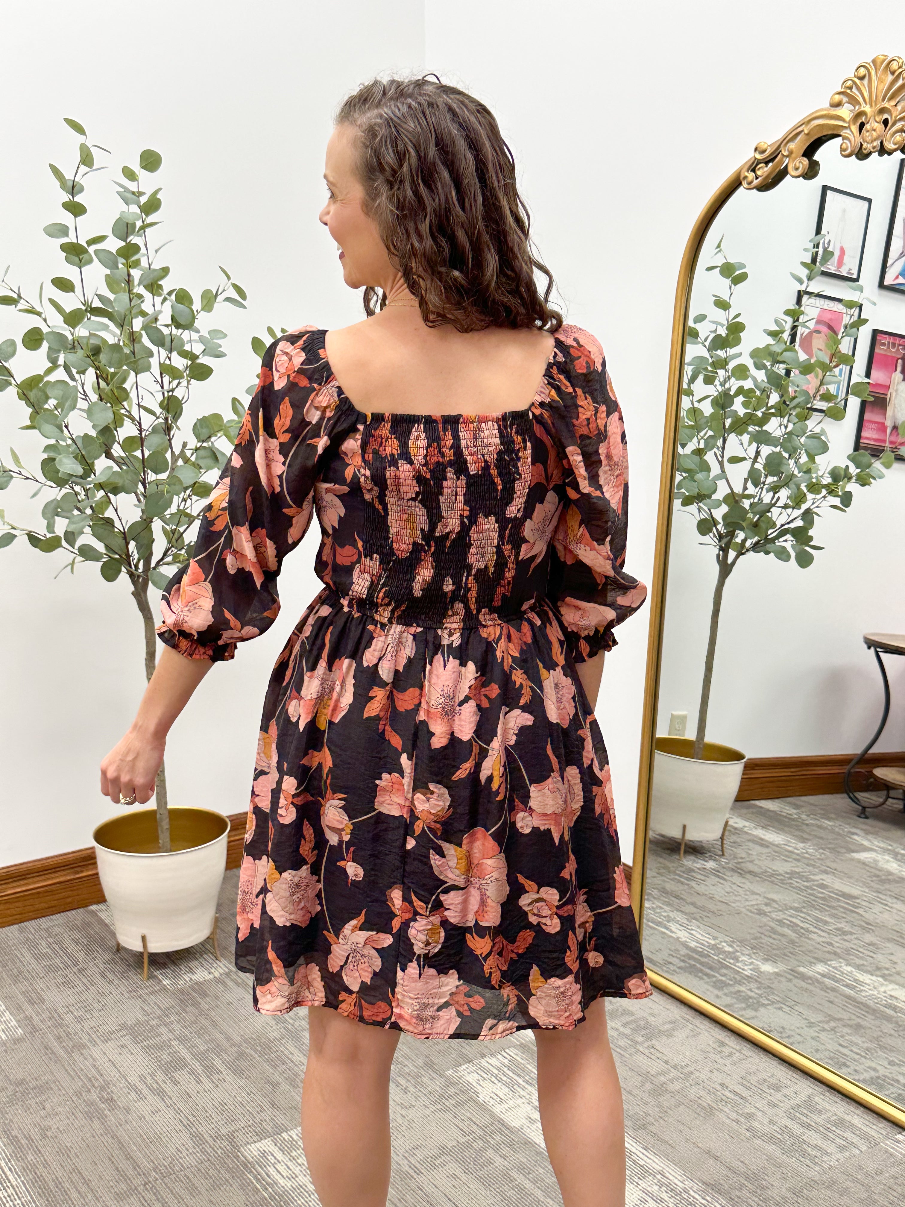 Floral Print Smocked Black Dress
