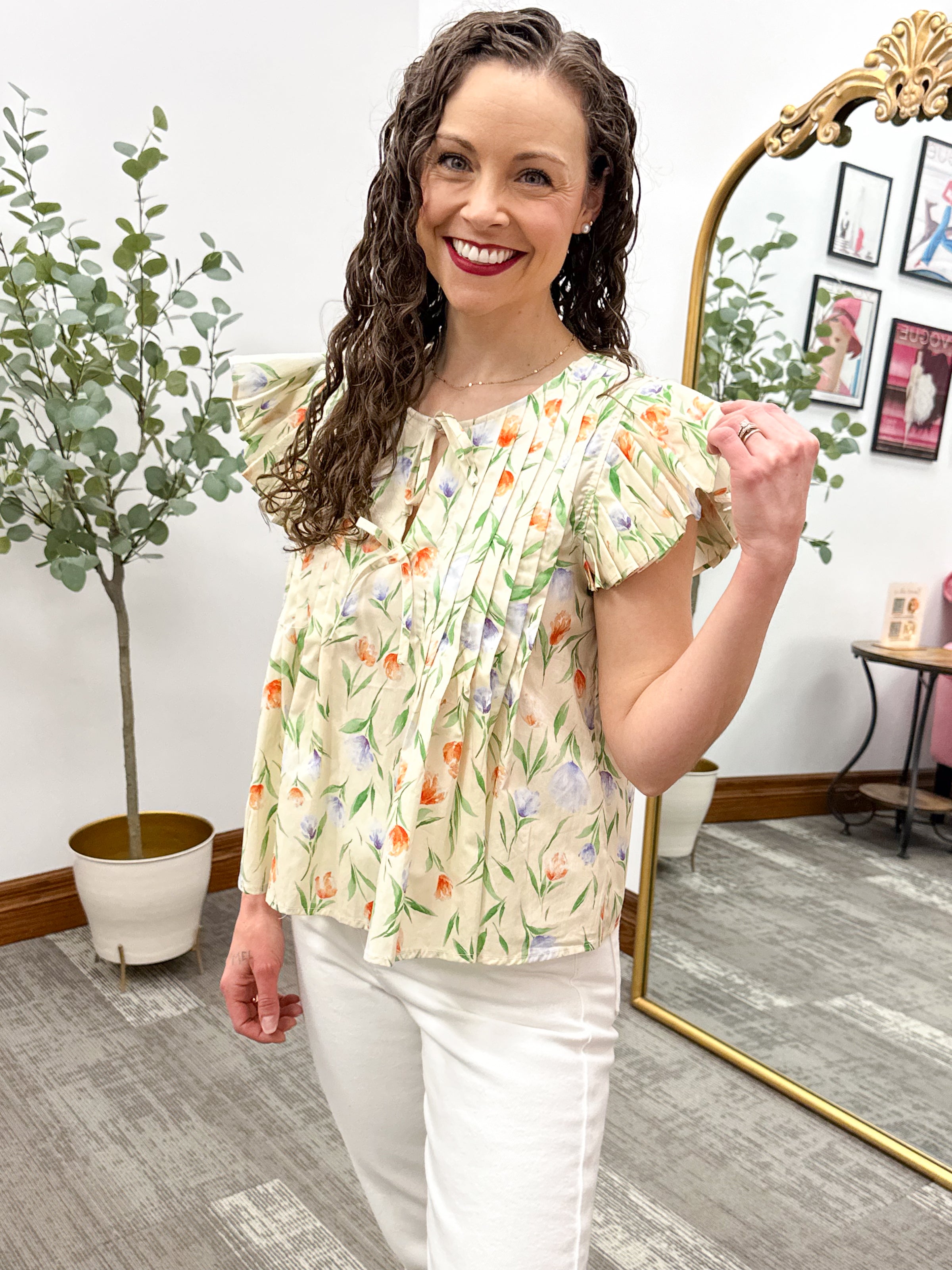 Floral pleated blouse, spring blouse, summer blouse, Feminine women’s blouse