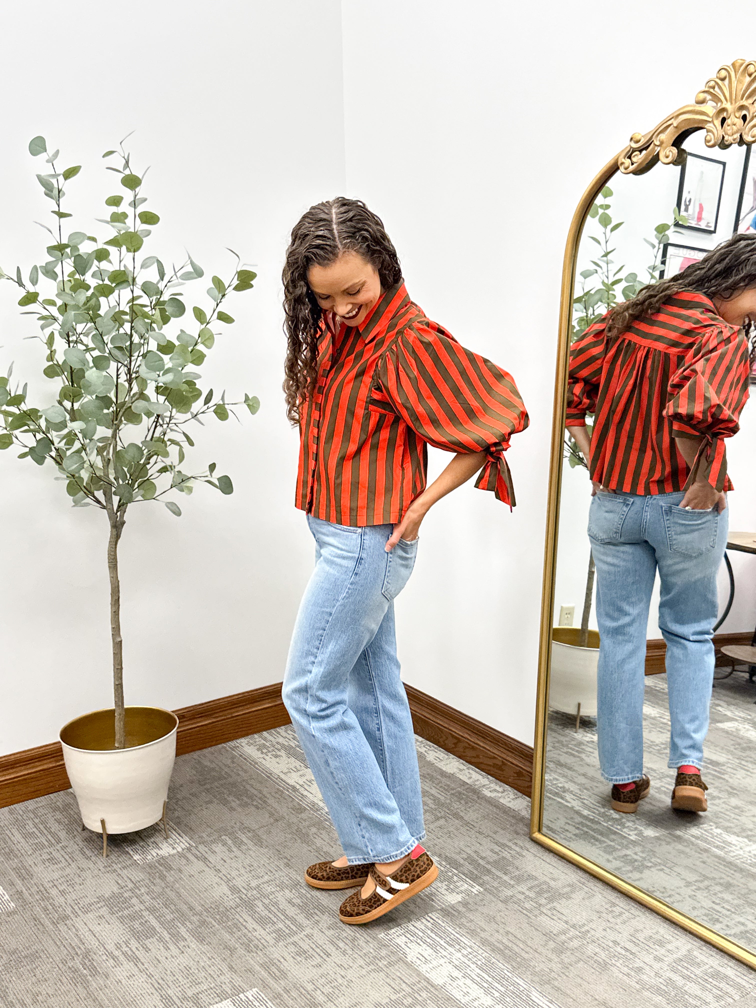 Tie Sleeve Striped Button Up Blouse