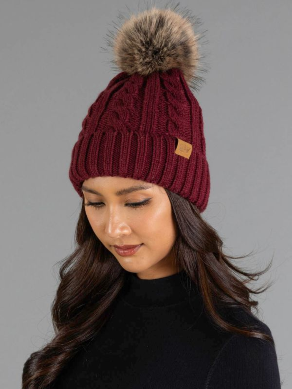 Maroon Cable Knit Pom Hat