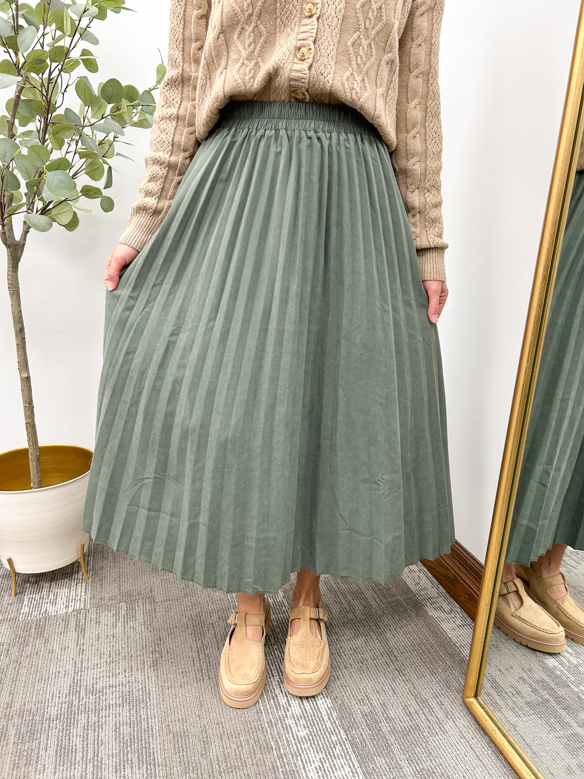 Olive faux suede pleated midi skirt