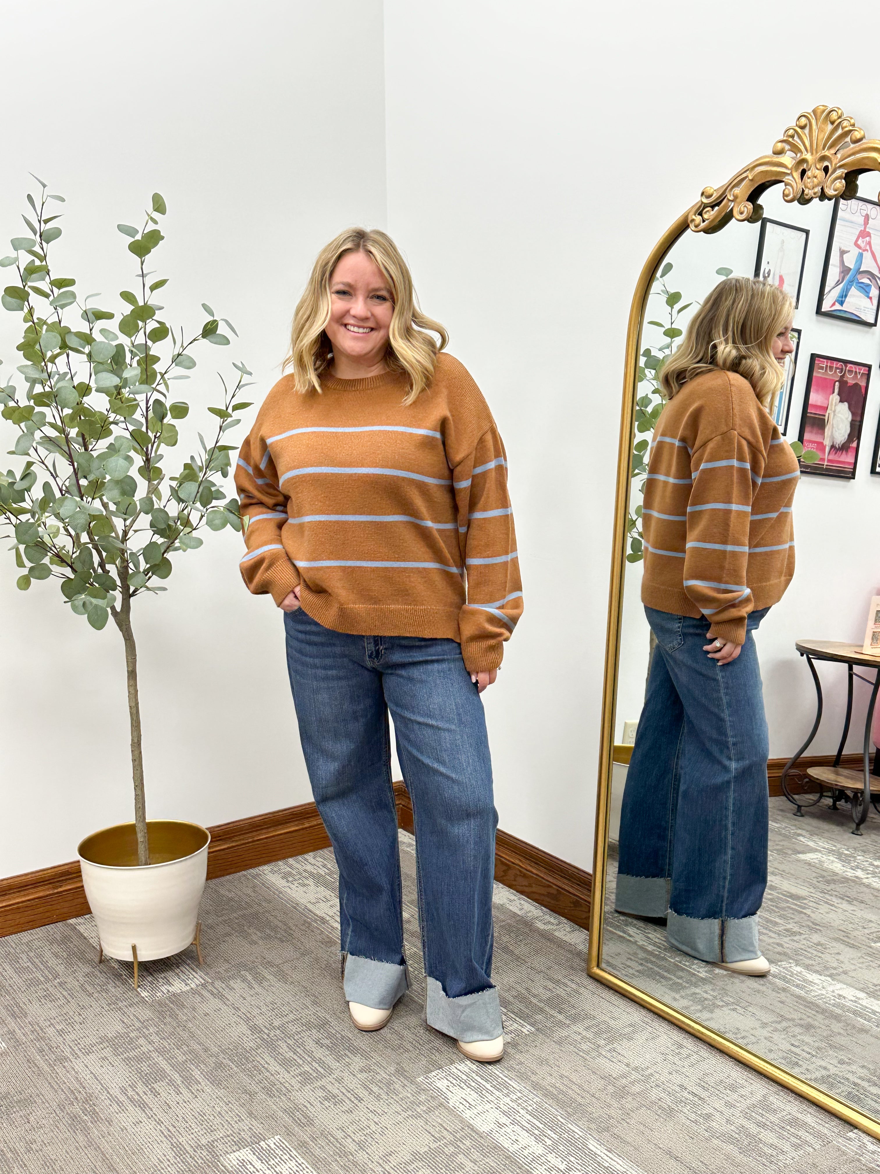 Camel & Blue Striped Sweater
