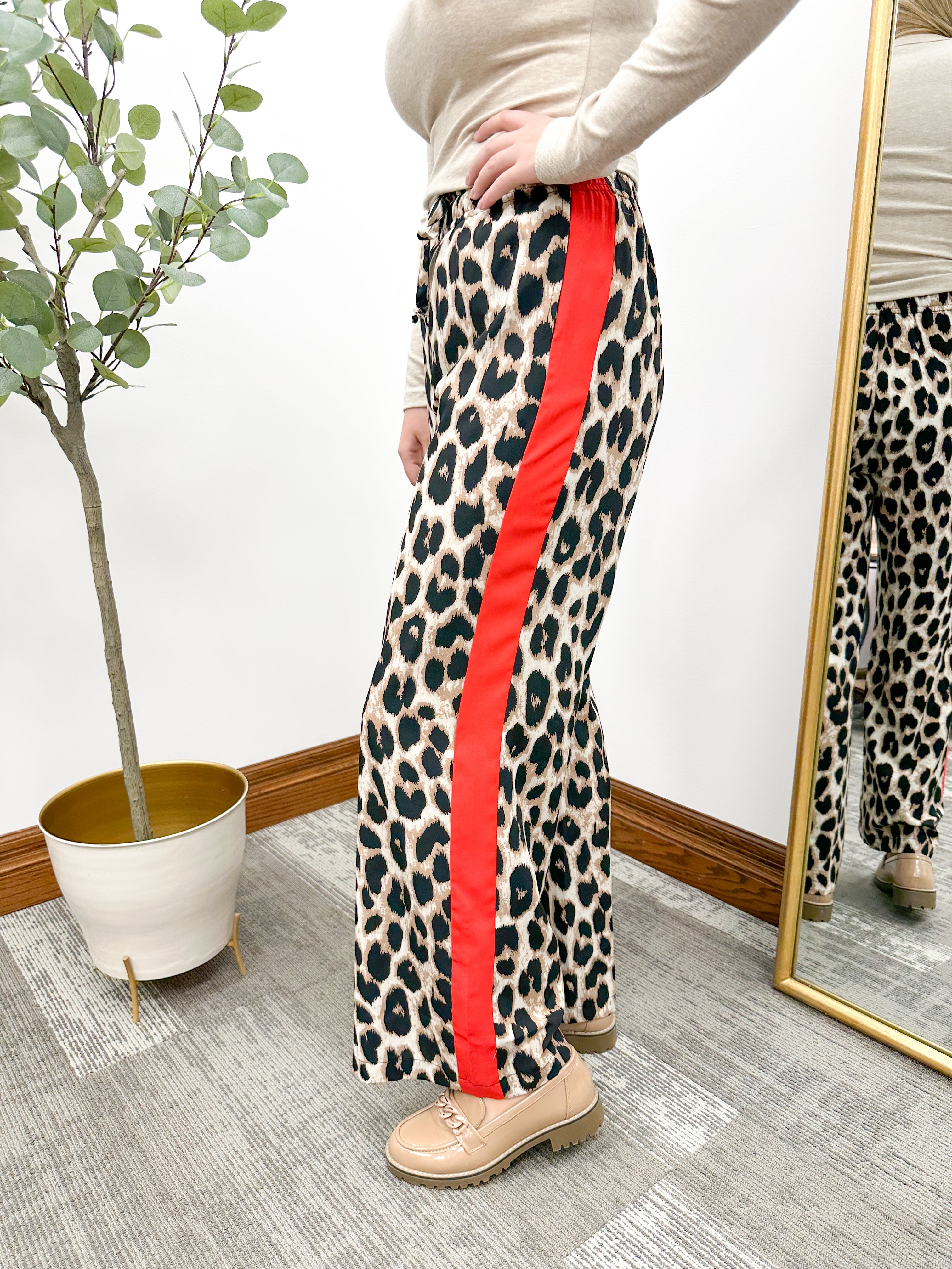 Leopard Print Track Pants With Red Stripe