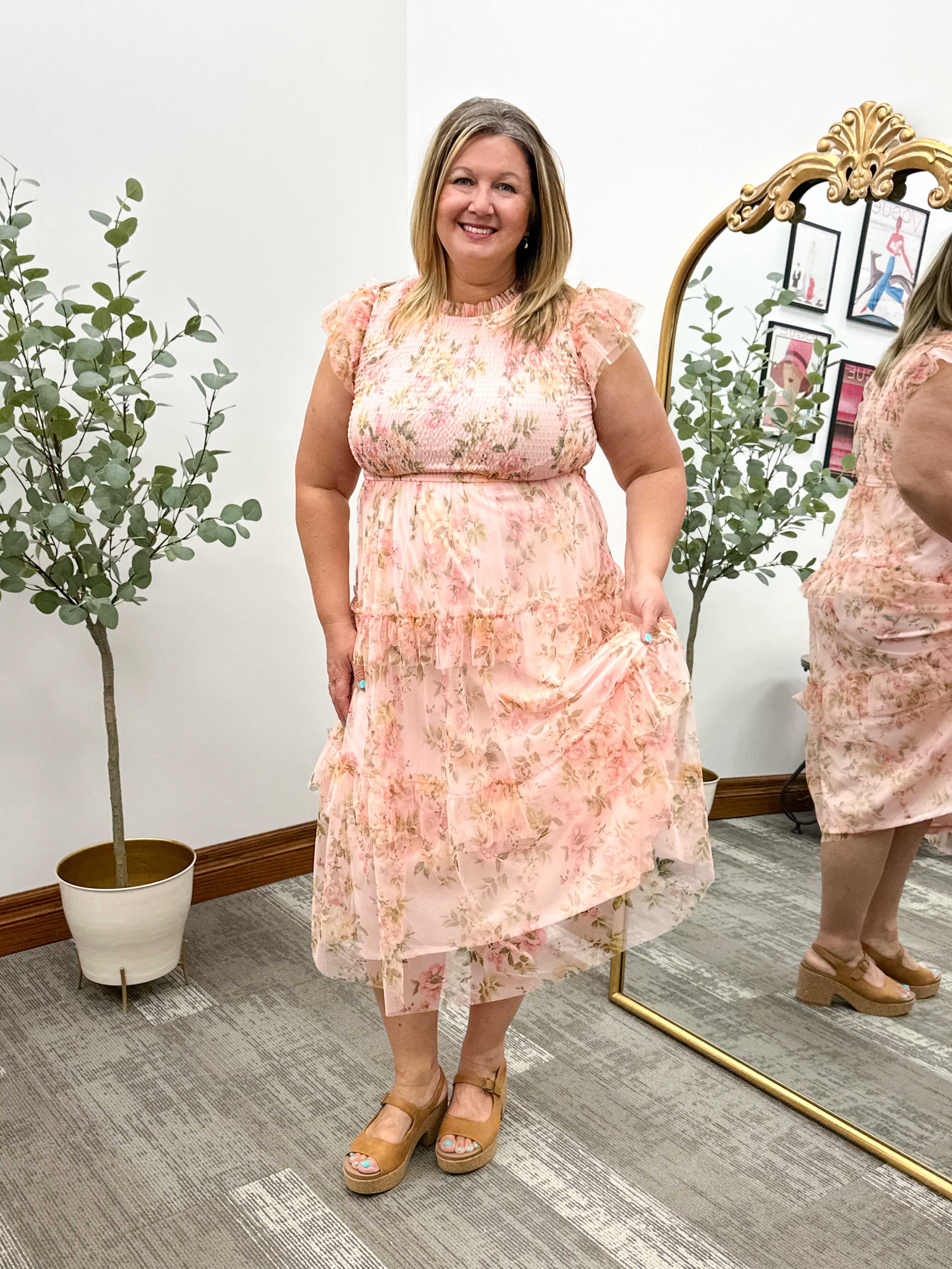 Pink Floral Smocked Midi Dress