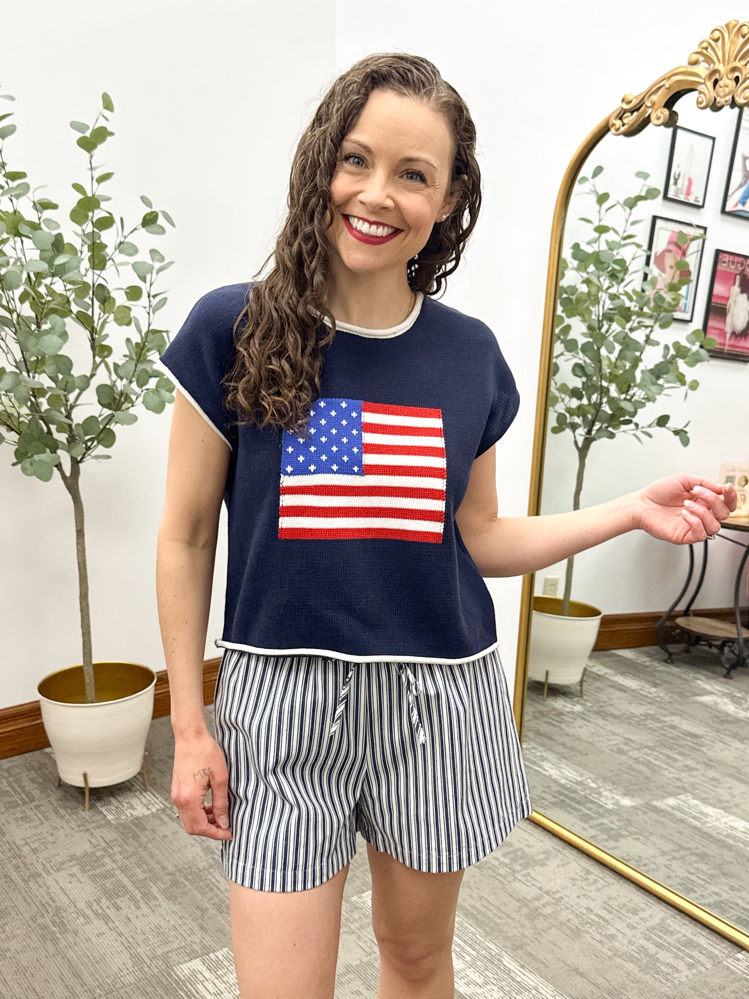 Navy American Flag Short Sleeve Sweater, American Flag Shirt, 4th of July Shirt