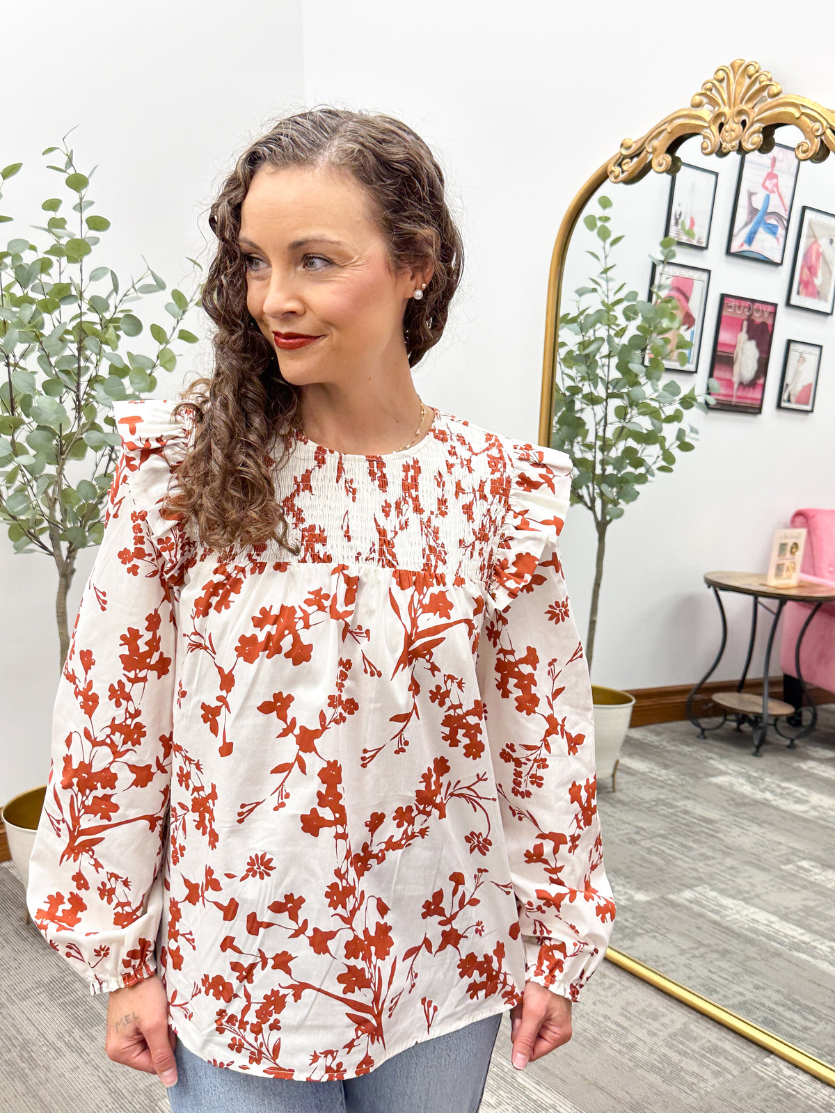 Ivory & Rust Floral Ruffle Blouse