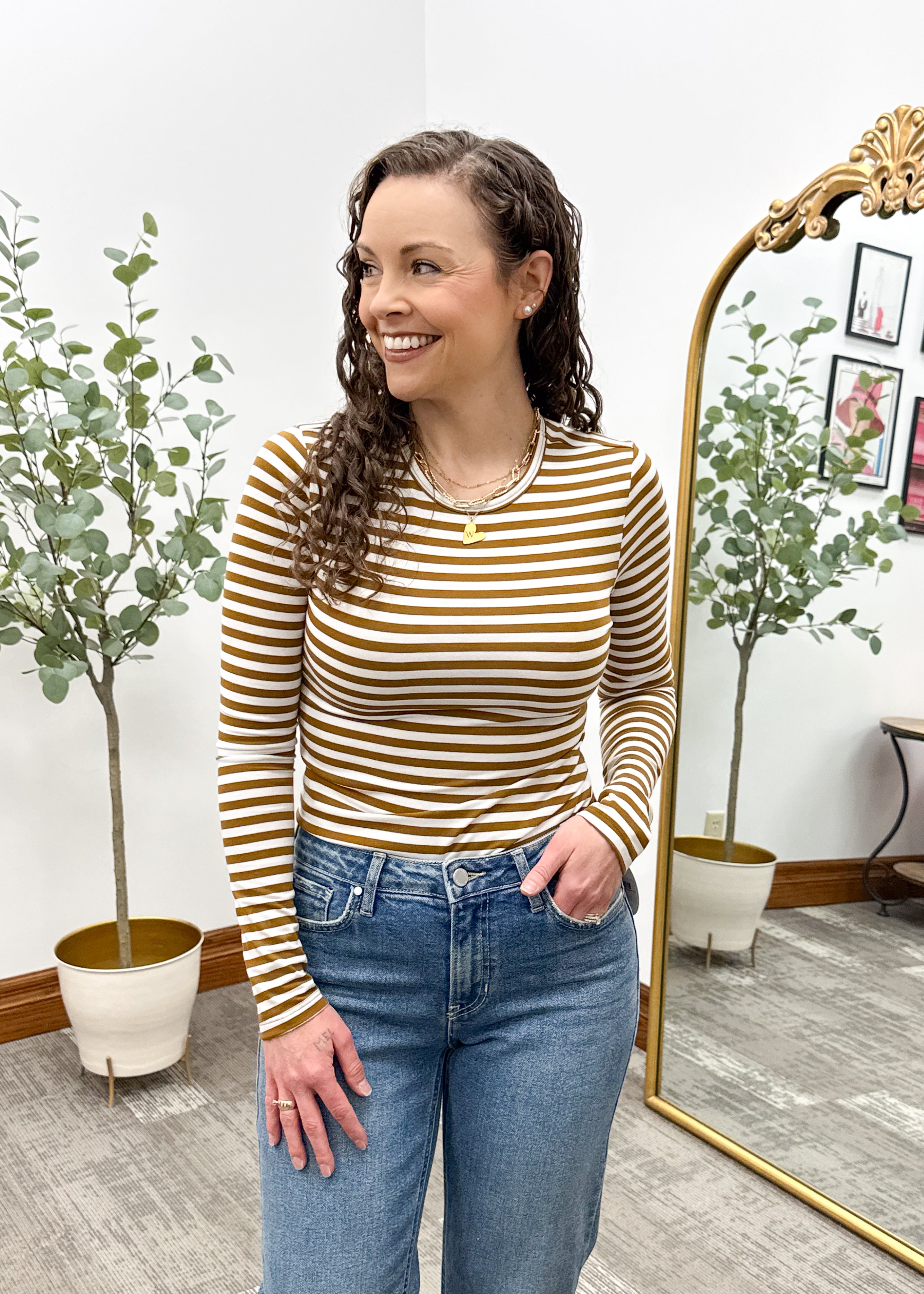 White & Brown Striped Long Sleeve Top, Striped Basic Long Sleeve Shirt