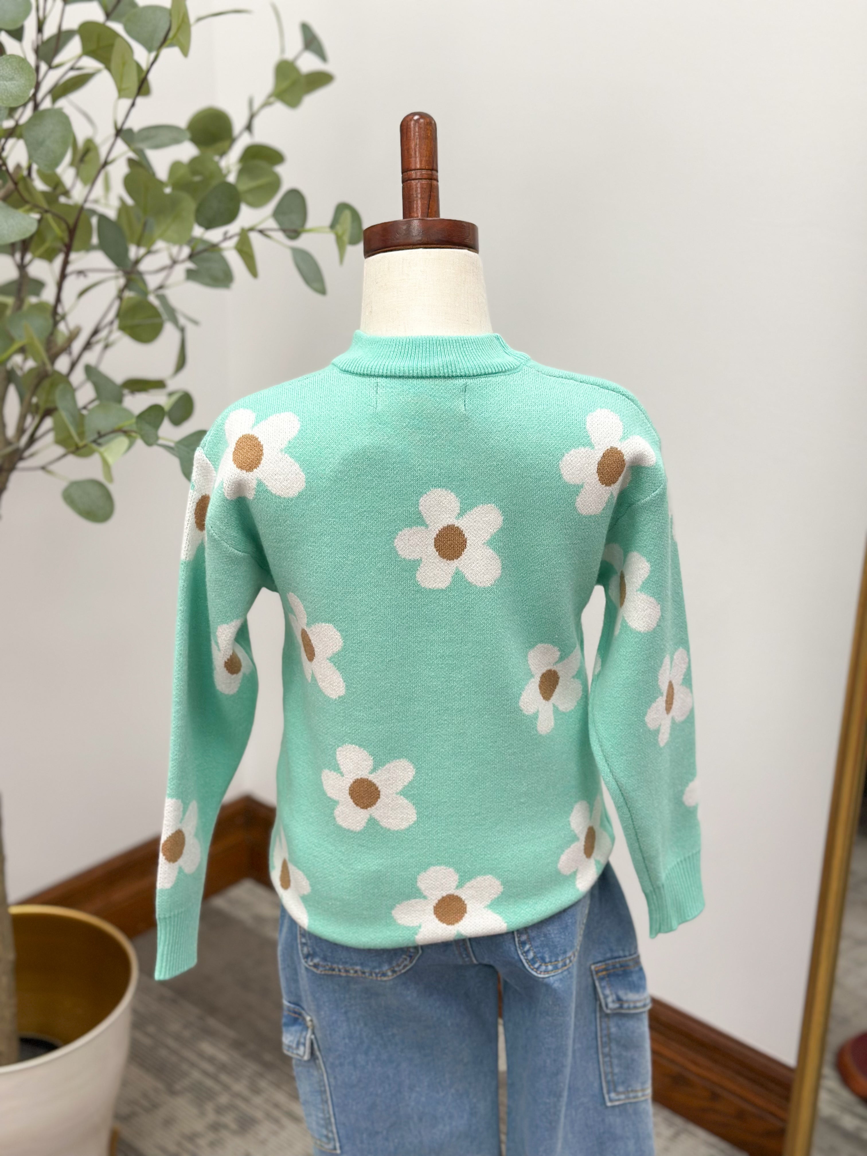 Girls Mint Floral Sweater