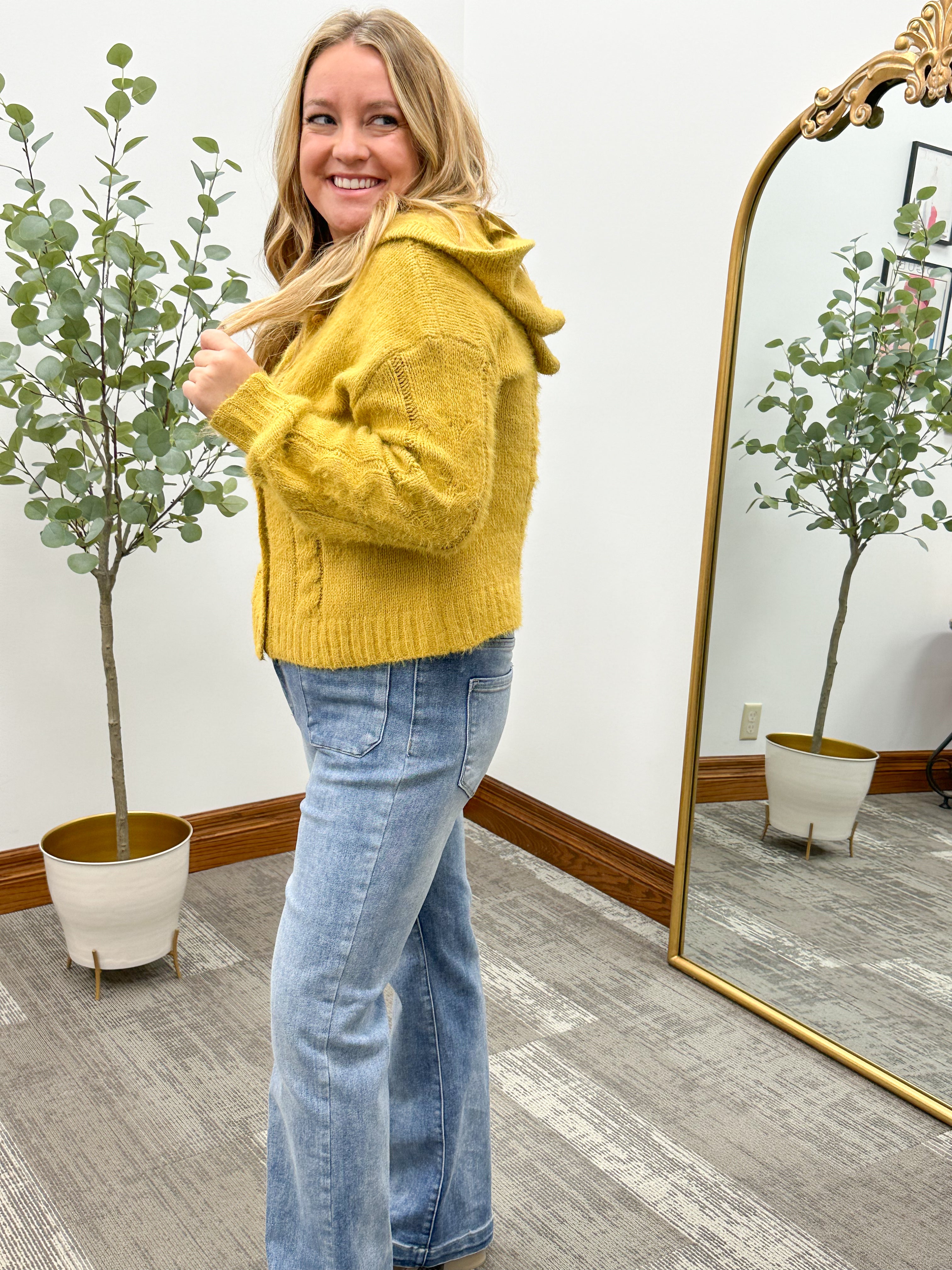 Mustard Hooded Cable Cardigan