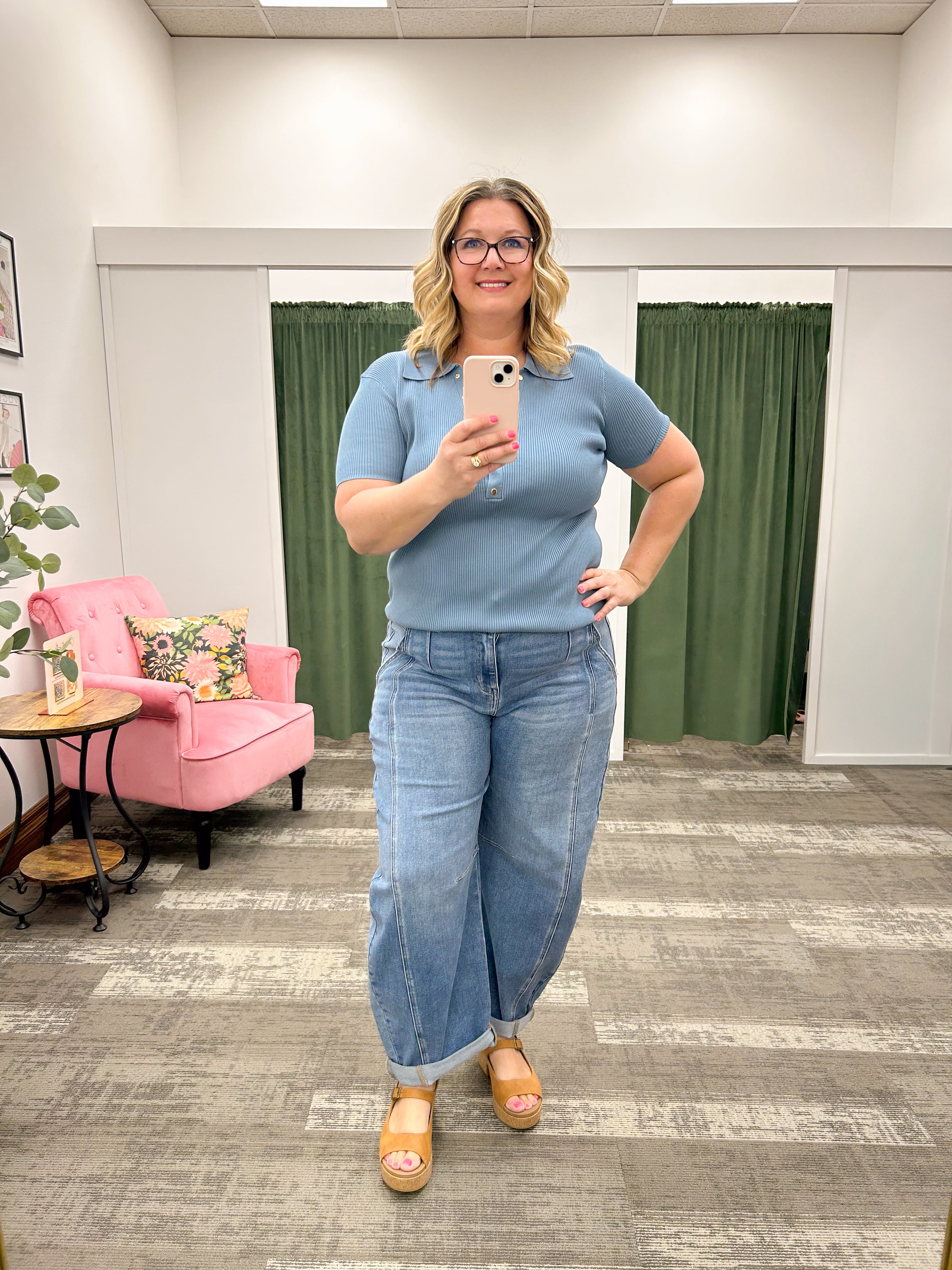 Dusty Blue Gold Button Ribbed Top