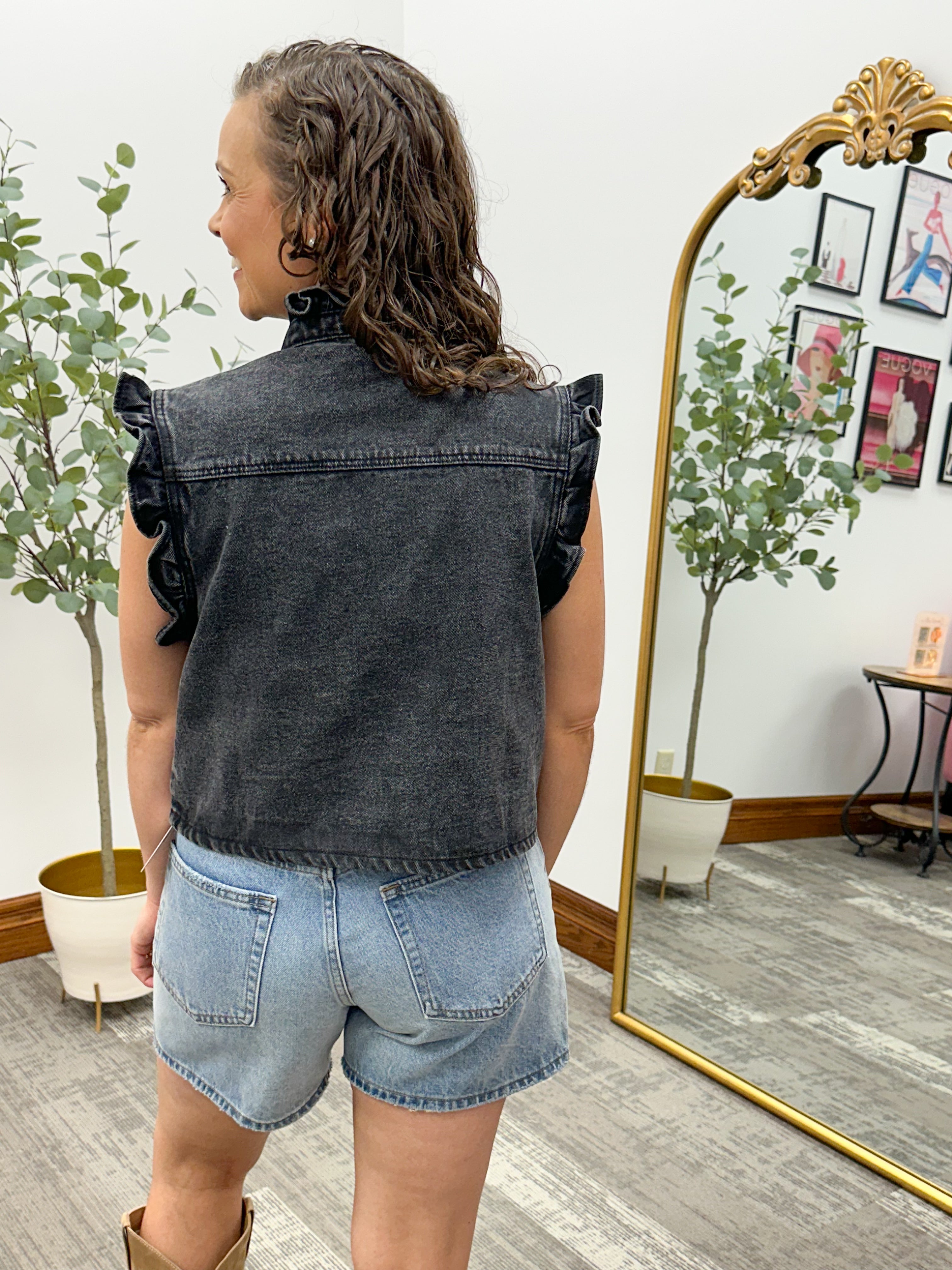 Ruffle Sleeve Black Denim Vest
