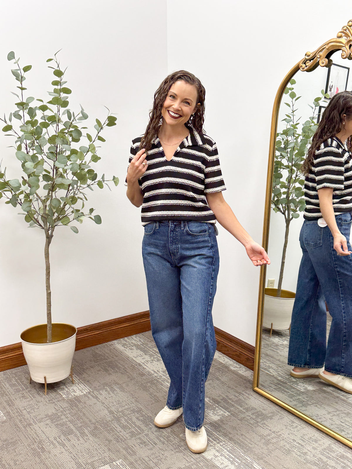 Black & Cream Striped Knit Collared Top