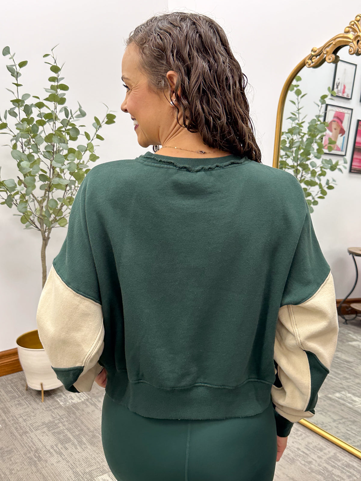 Forest Green Color Block Cropped Sweatshirt