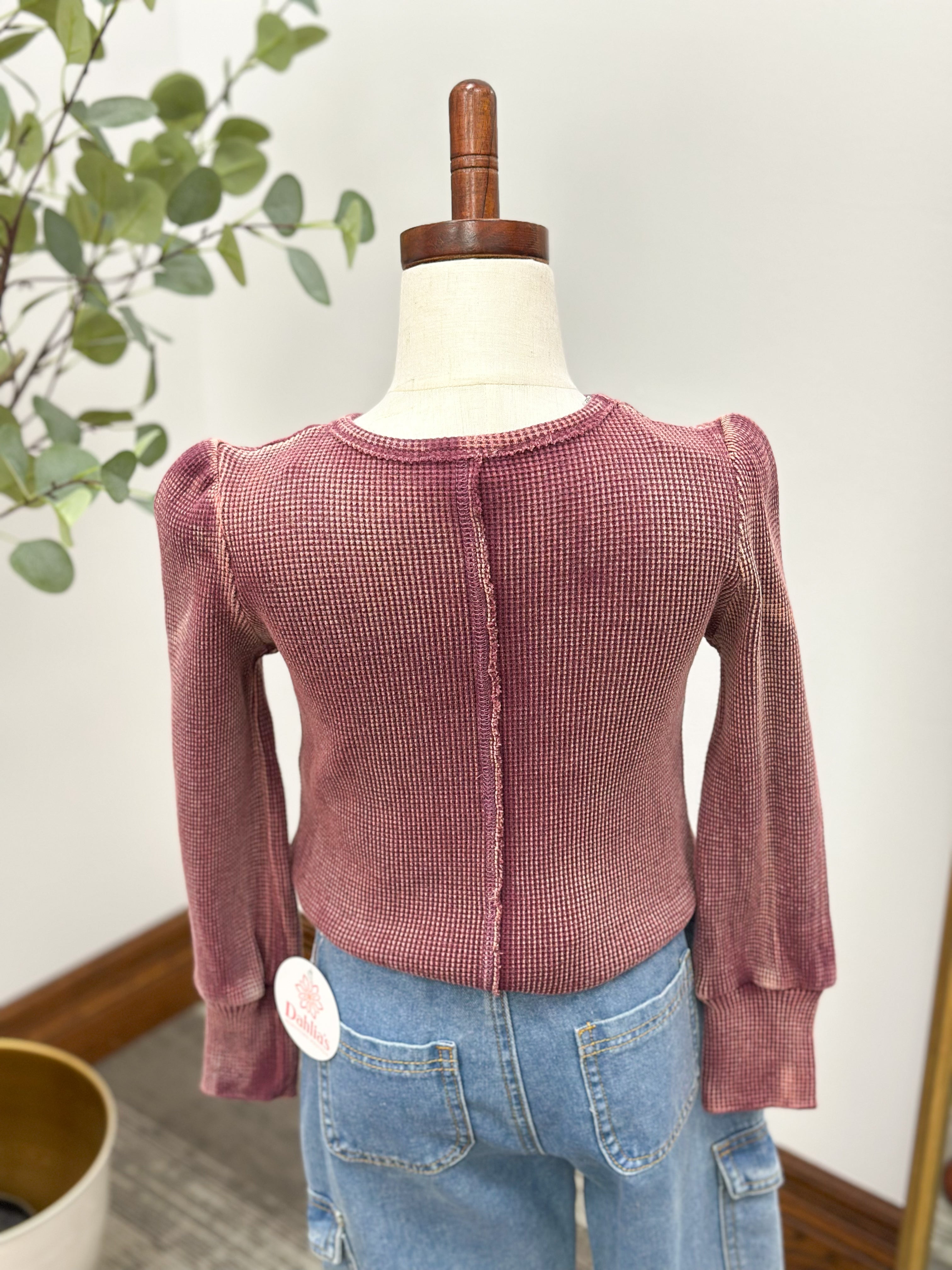 Girls Washed Plum Waffle Knit Top