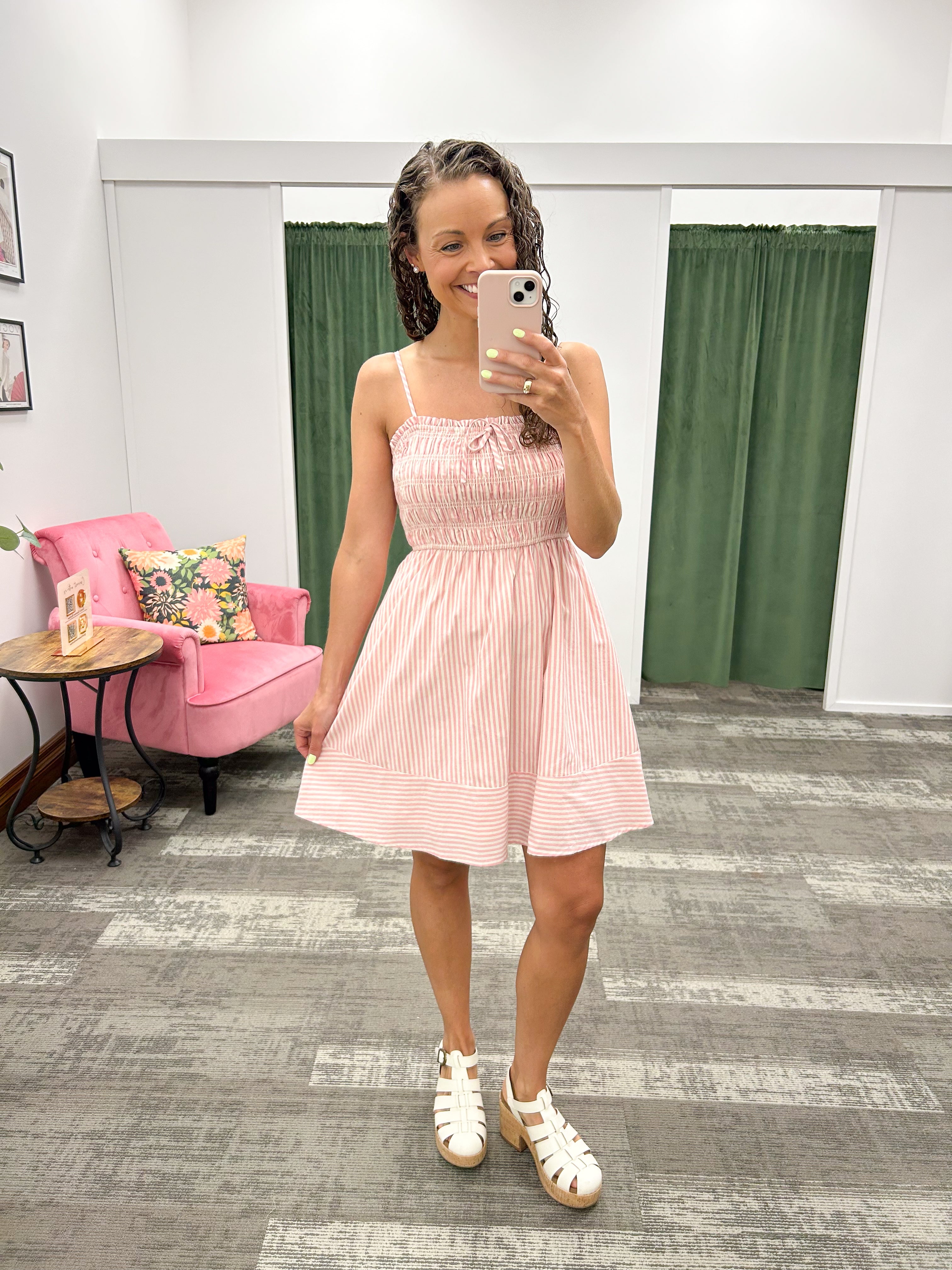 Pink & Cream Smocked Stripe Mini Dress