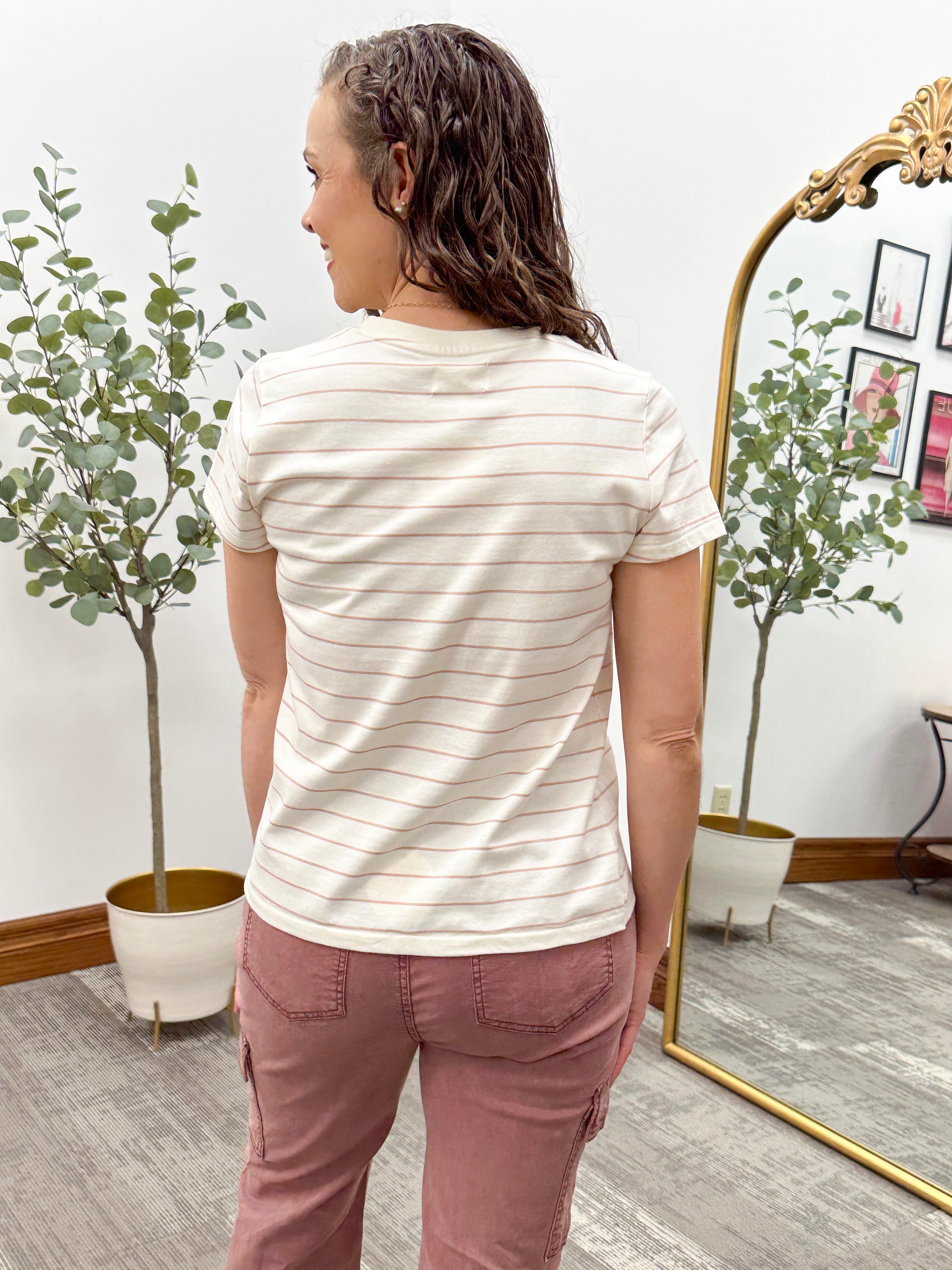 Ivory and Pink Striped Basic Tee