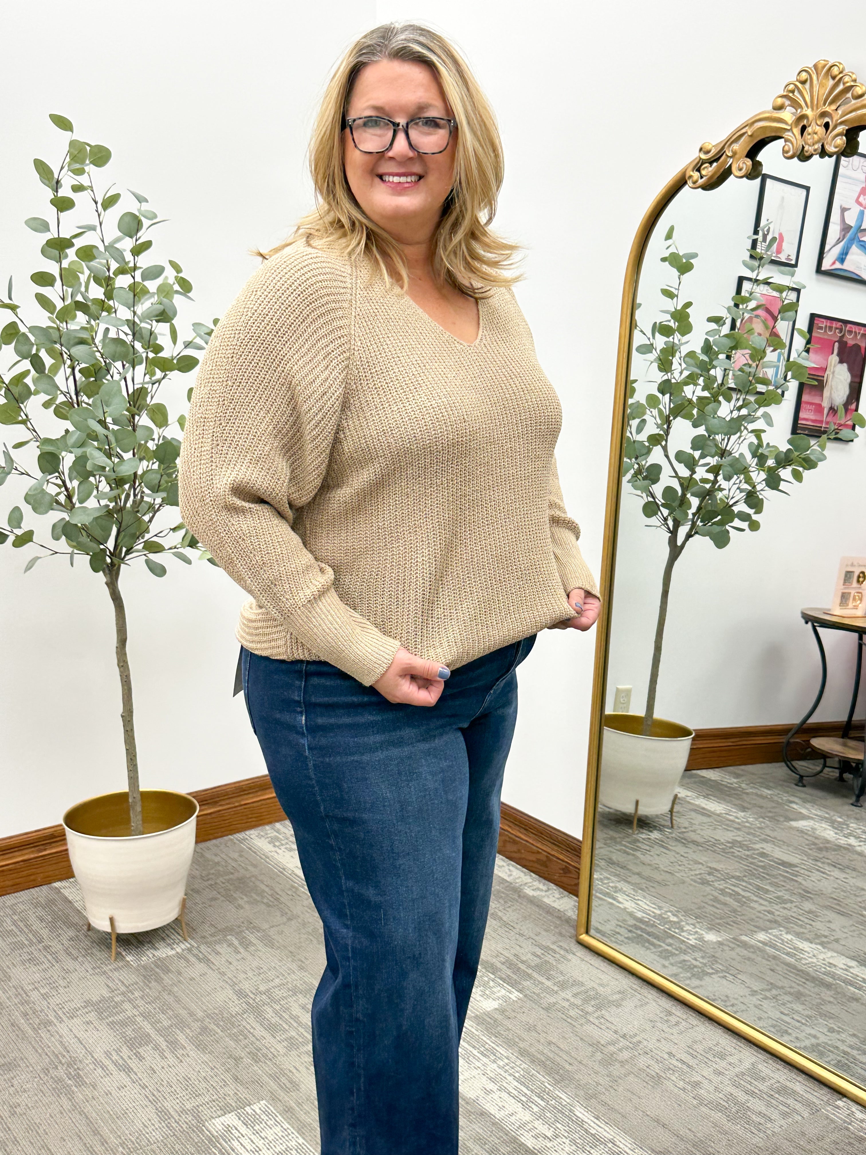 Taupe V-Neck Lightweight Sweater