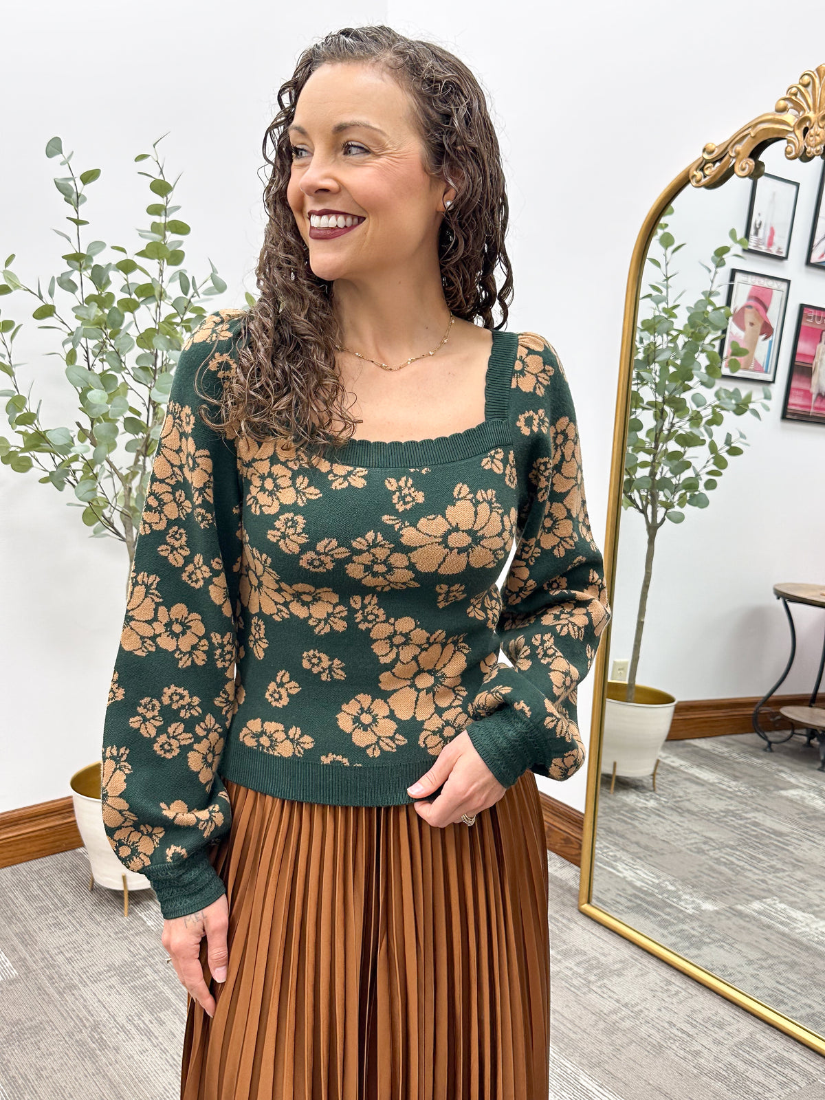 Green & Camel Floral Print Sweater