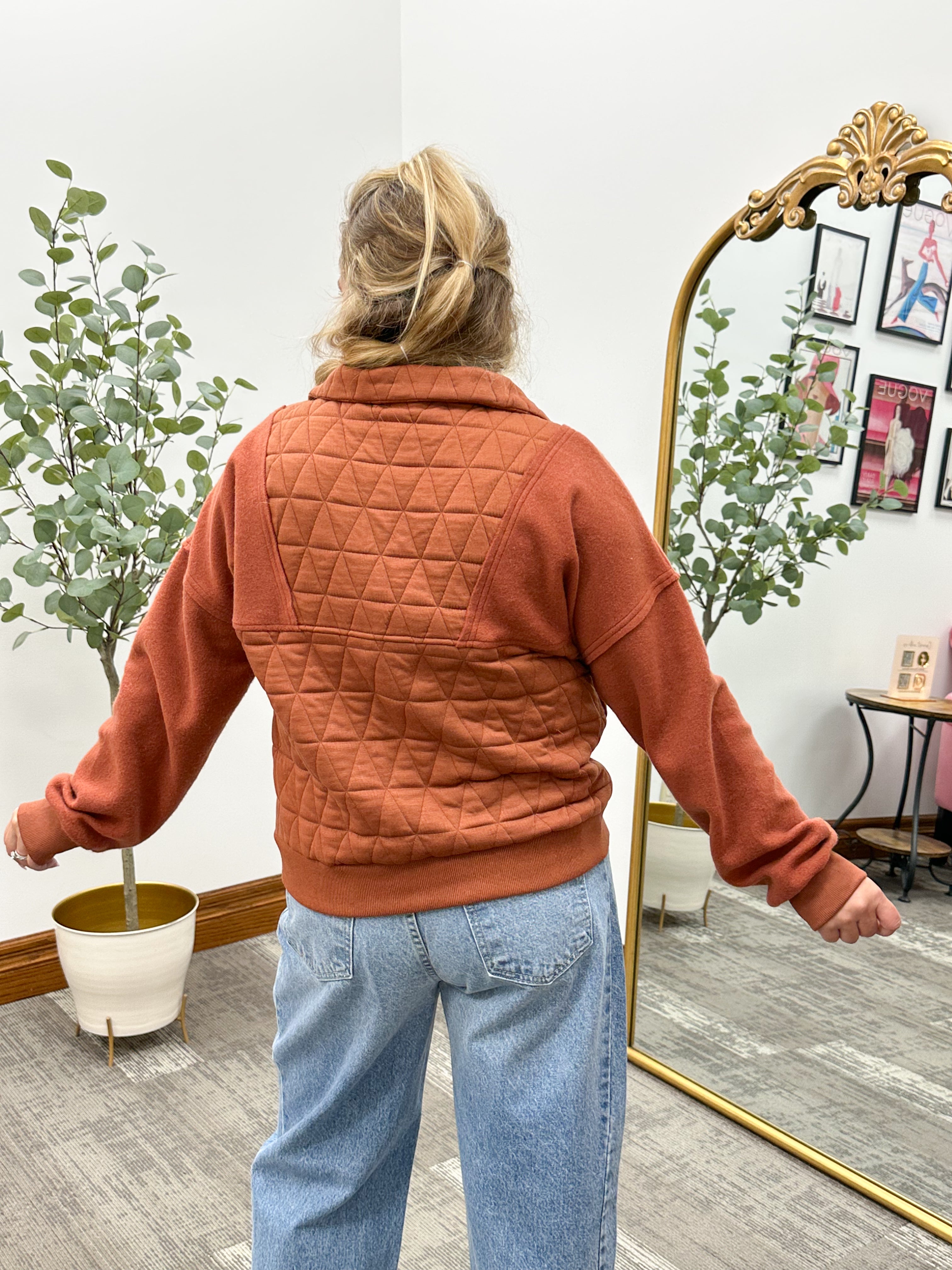 Rust Quilted Front Pocket Pullover