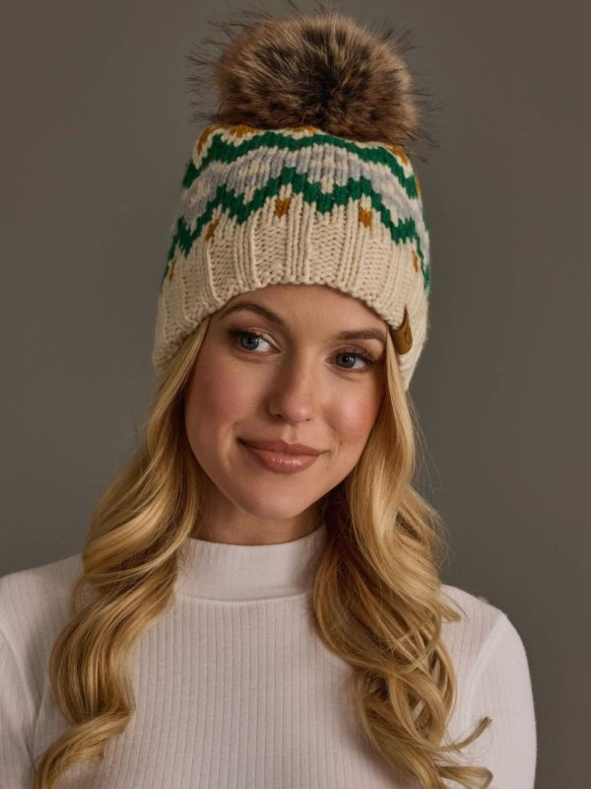 Cream, Gold, Green & Gray Patterned Pom Hat
