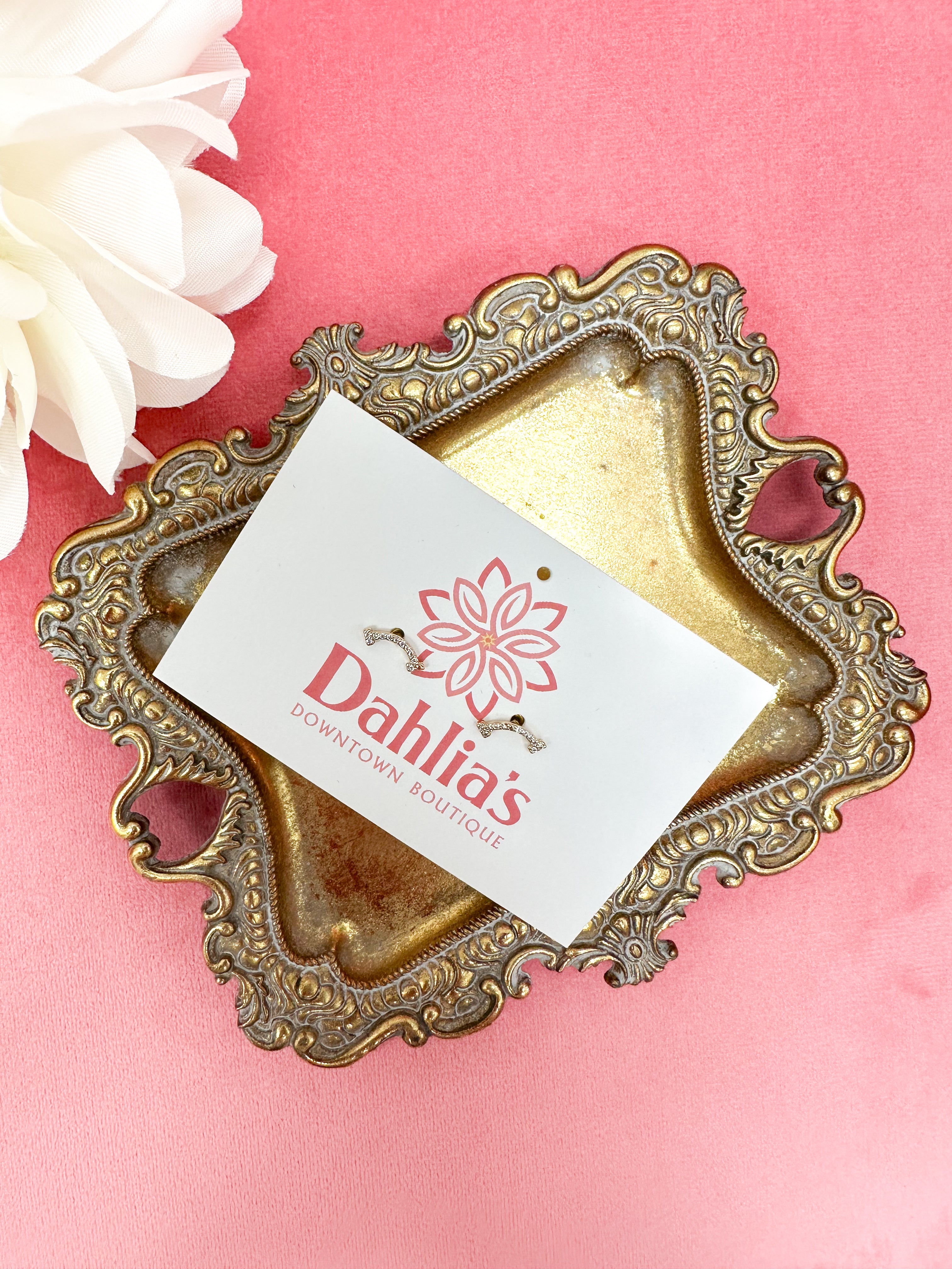 Gold Dipped CZ Curved Bar Stud Earrings