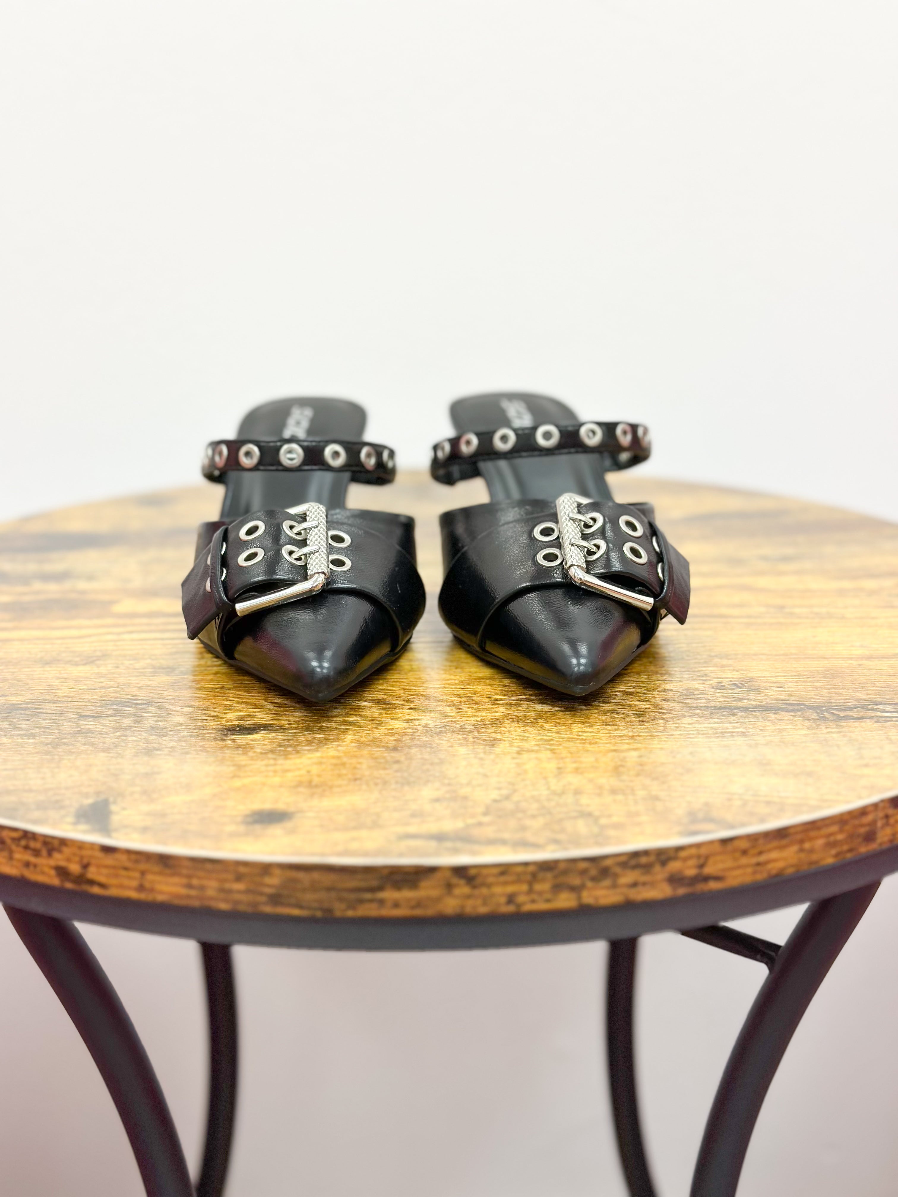 Black Pointed Toe Grommet Detail Kitten Heels