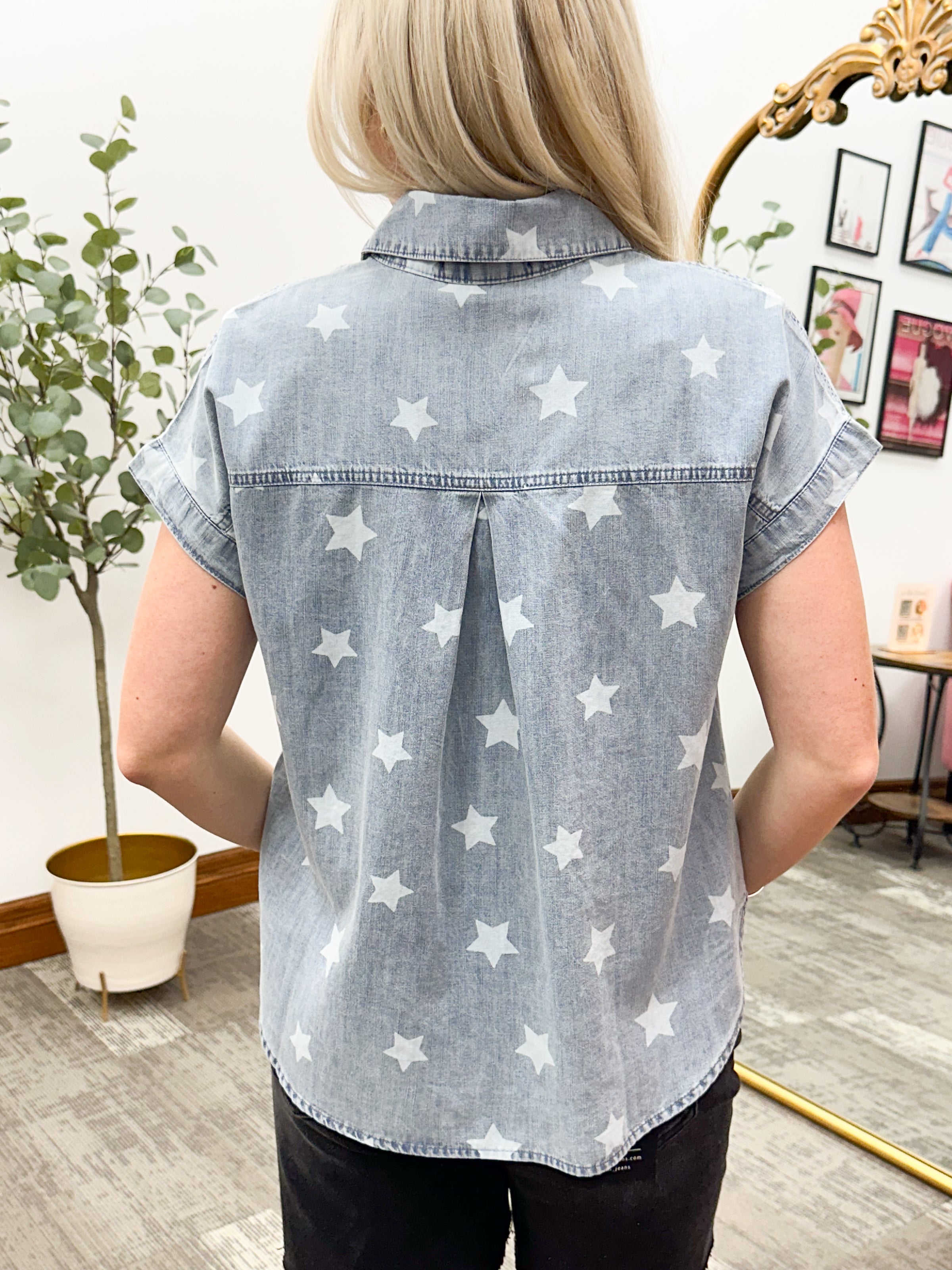 Star Print Denim Button Up Shirt