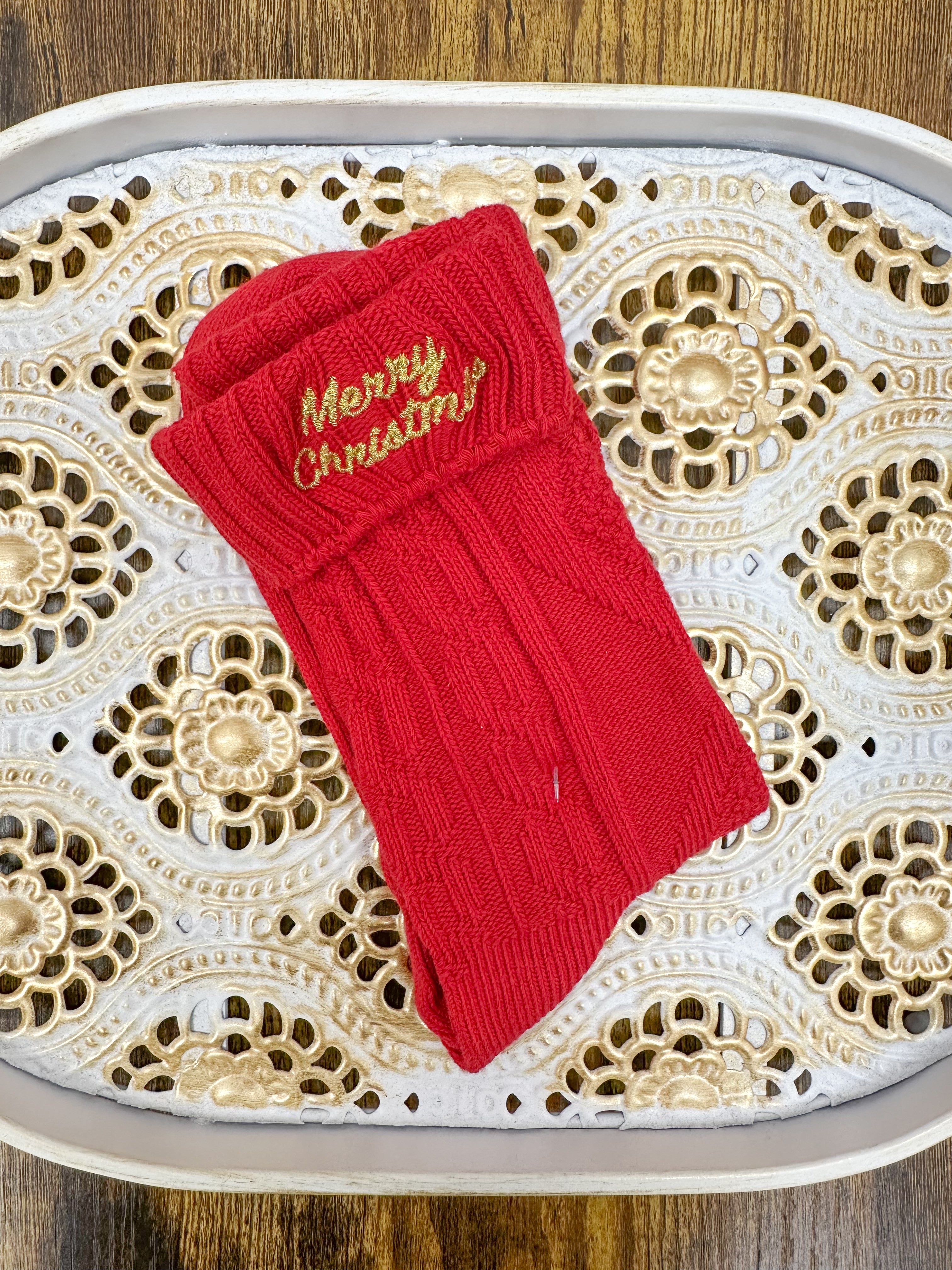 Gold Embroidered Merry Christmas Socks