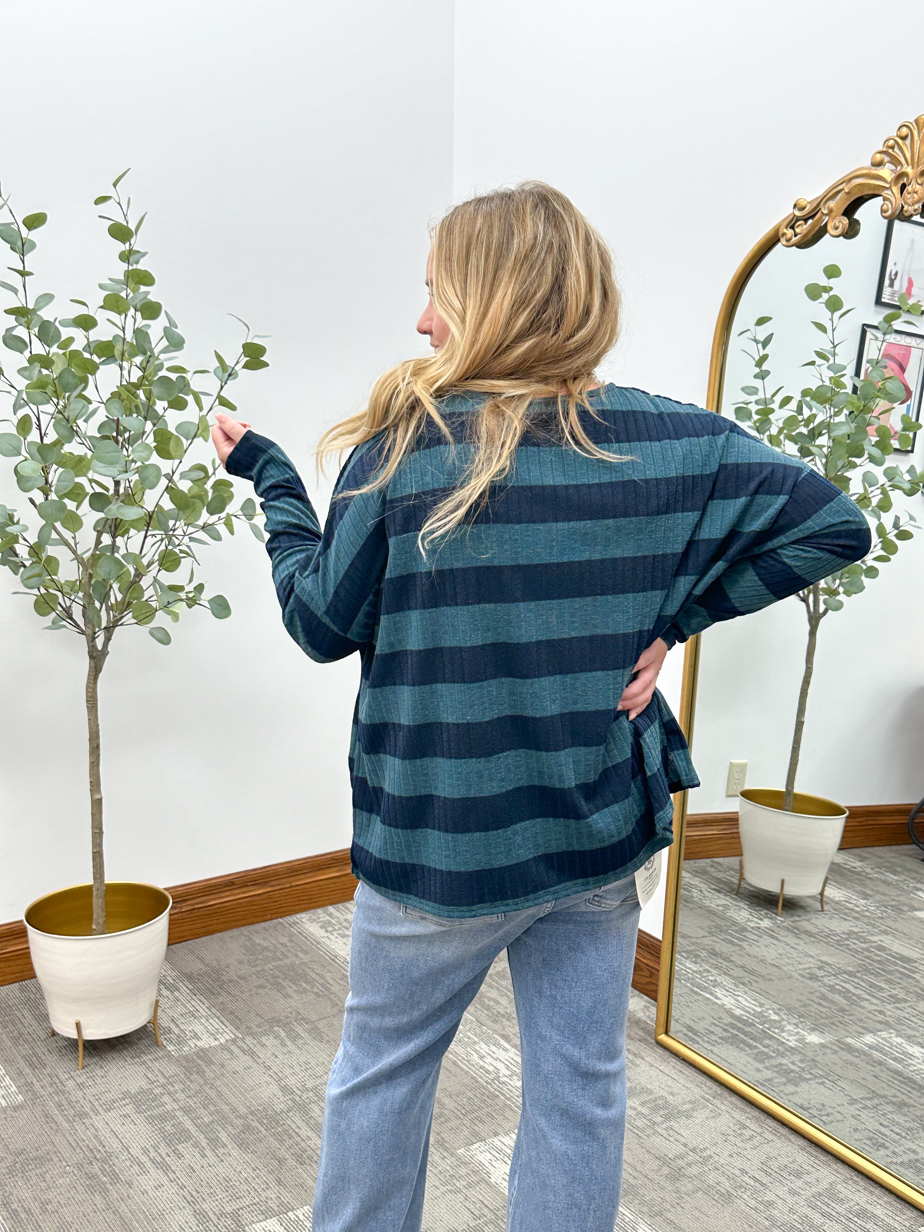 Navy + Green Striped Top